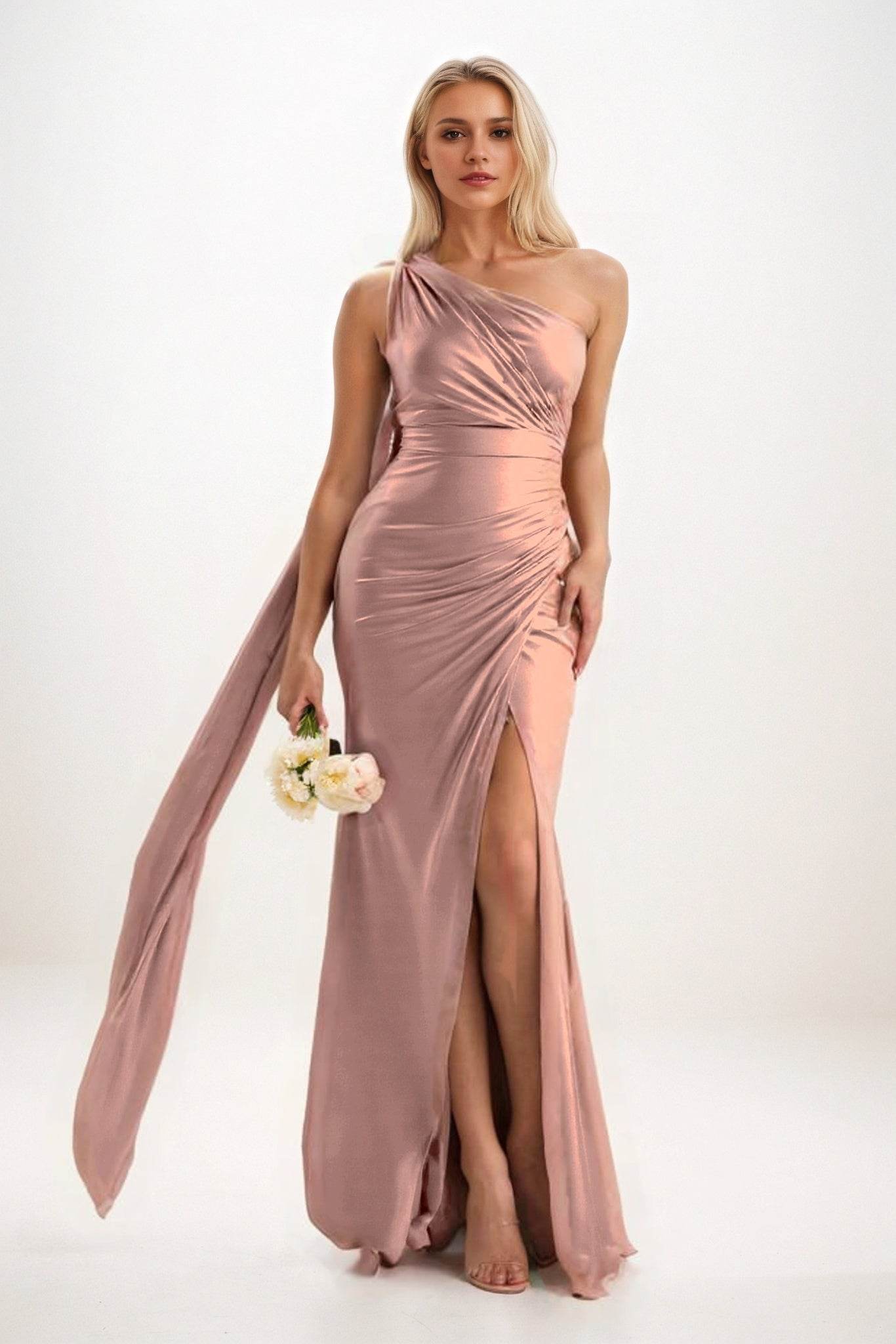Sheath-Column Sweep-Brush Train Luxe Satin Bridesmaid Dress CB0833