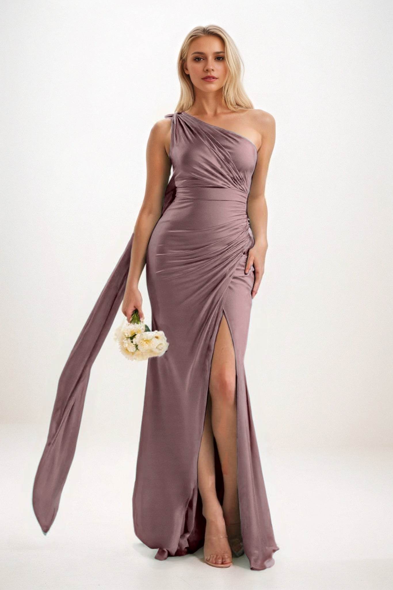 Sheath-Column Sweep-Brush Train Luxe Satin Bridesmaid Dress CB0833
