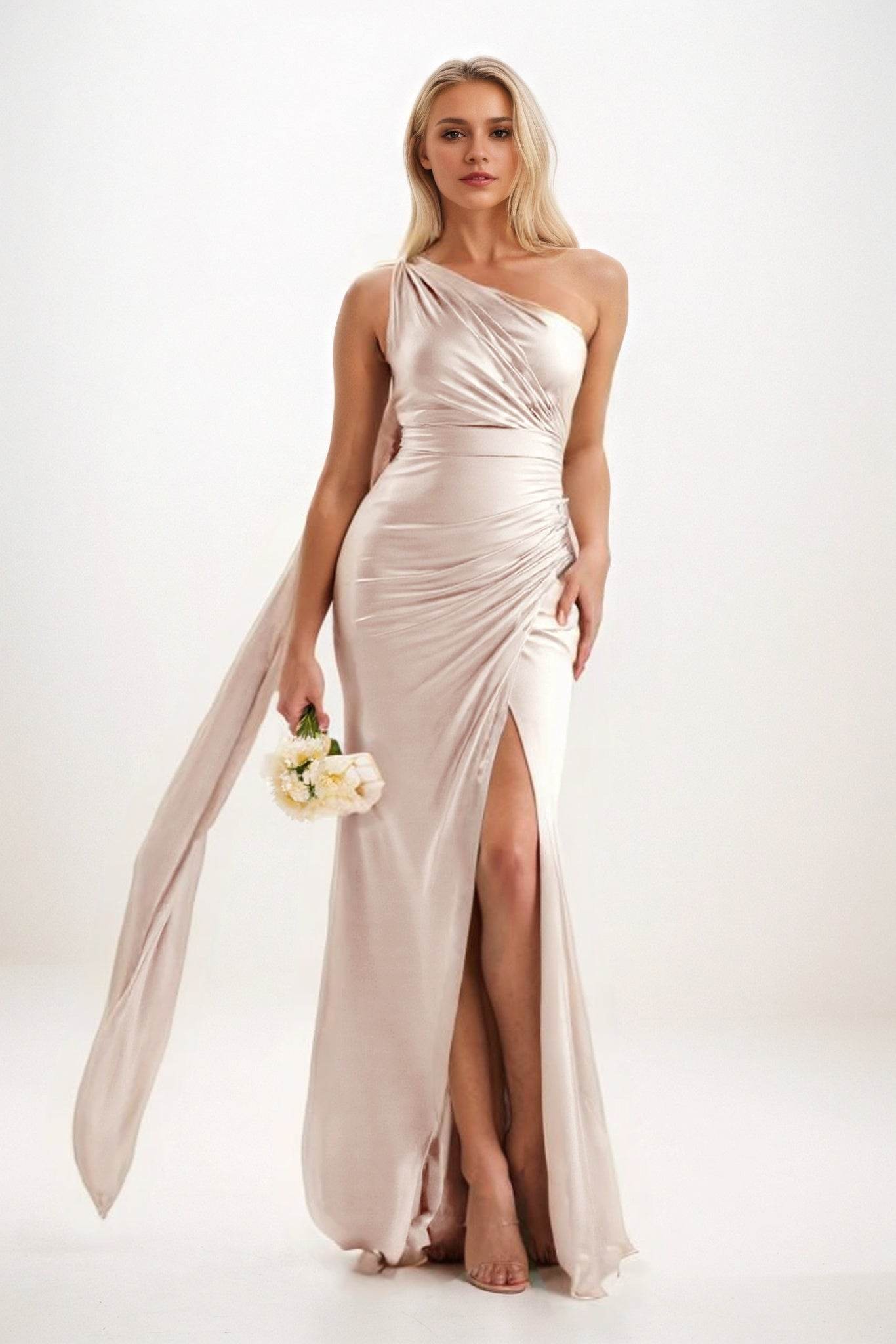 Sheath-Column Sweep-Brush Train Luxe Satin Bridesmaid Dress CB0833