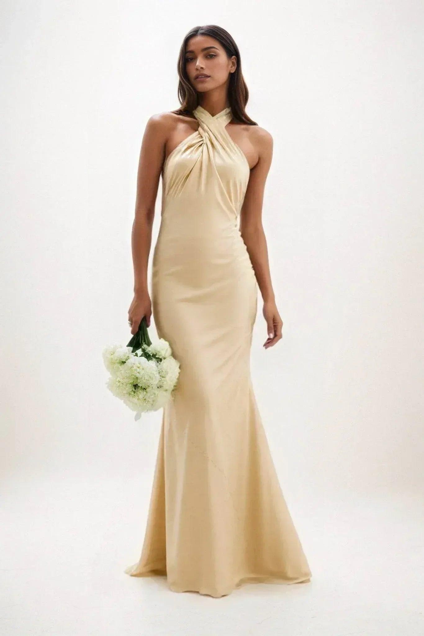 Sheath-Column Maxi Luxe Satin Bridesmaid Dress CB0837