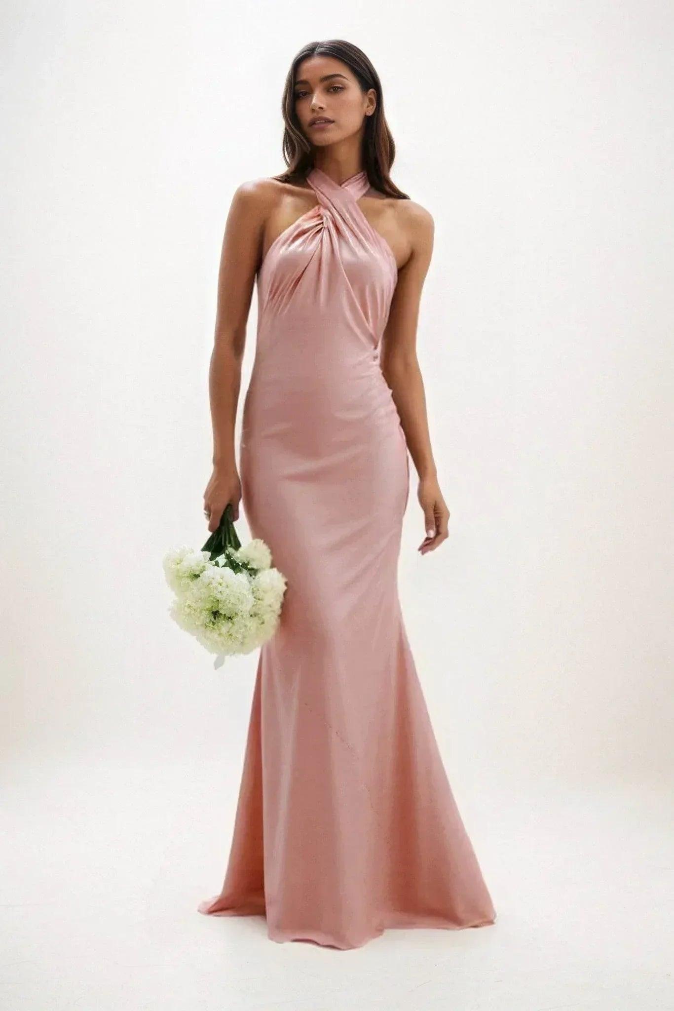 Sheath-Column Maxi Luxe Satin Bridesmaid Dress CB0837