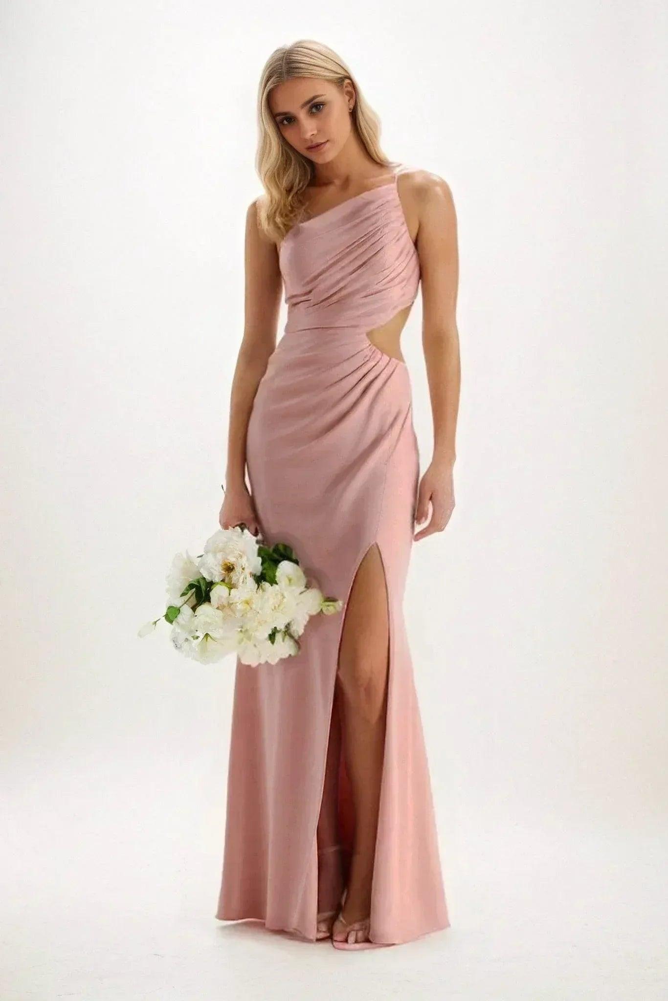 Sheath-Column Maxi Luxe Satin Bridesmaid Dress CB0842