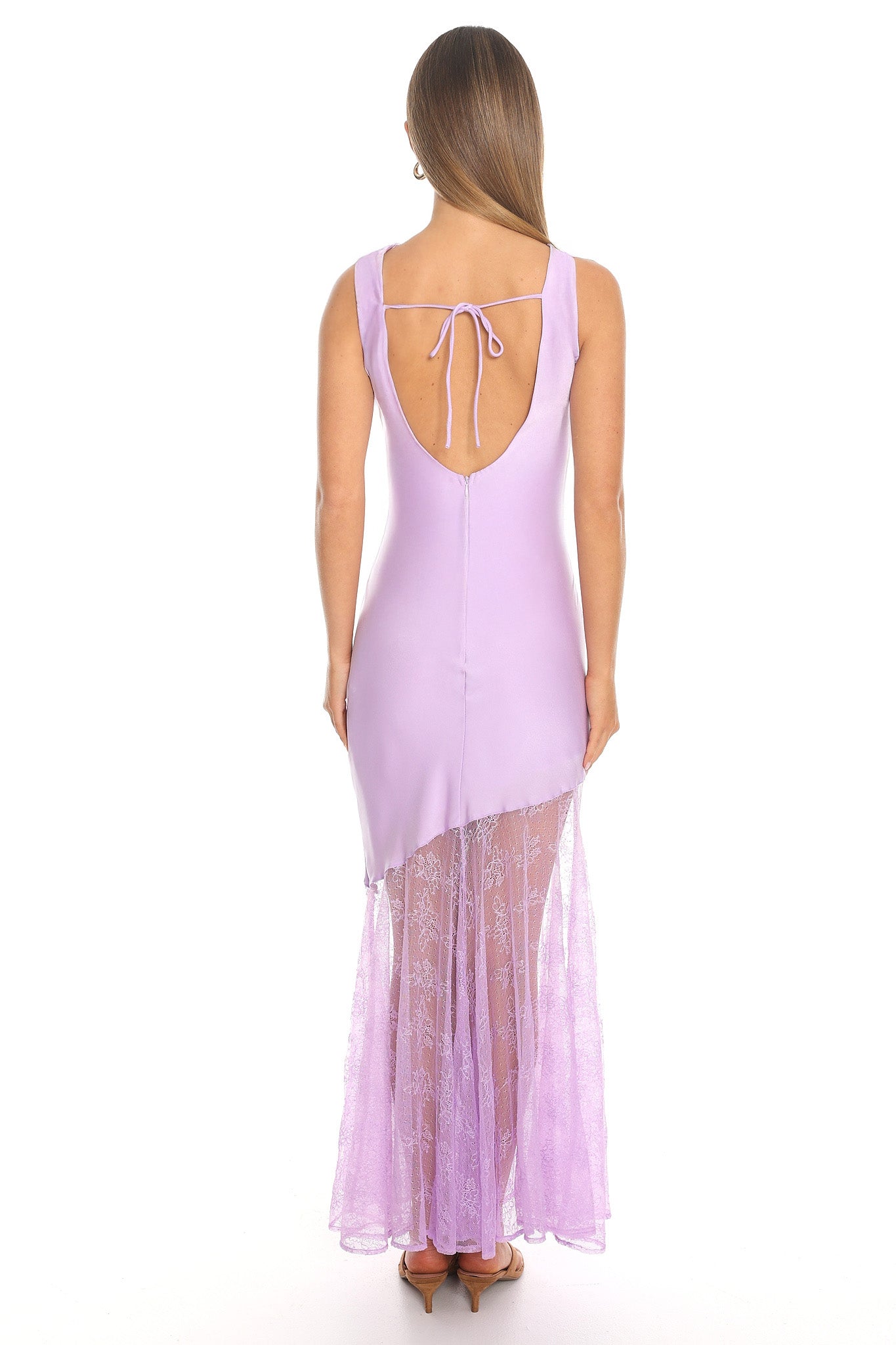 Amethyst Lace-Trim Asymmetric Maxi Dress Lilac