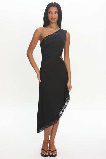 Ozar Lace-Trim Asymmetric Midi Dress Black