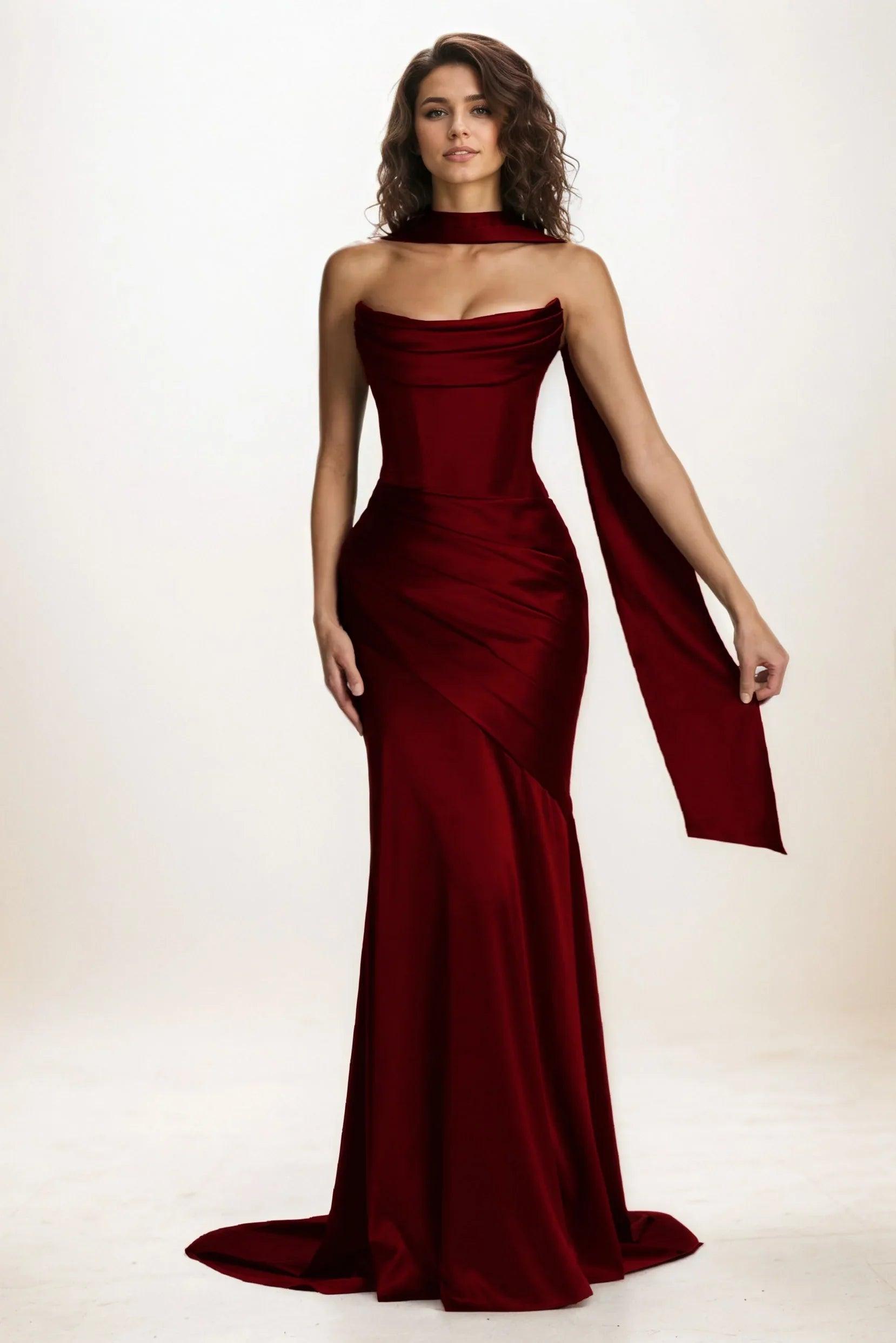Trumpet-Mermaid Sweep-Brush Train Luxe Satin Wedding Guest Dress CG0301