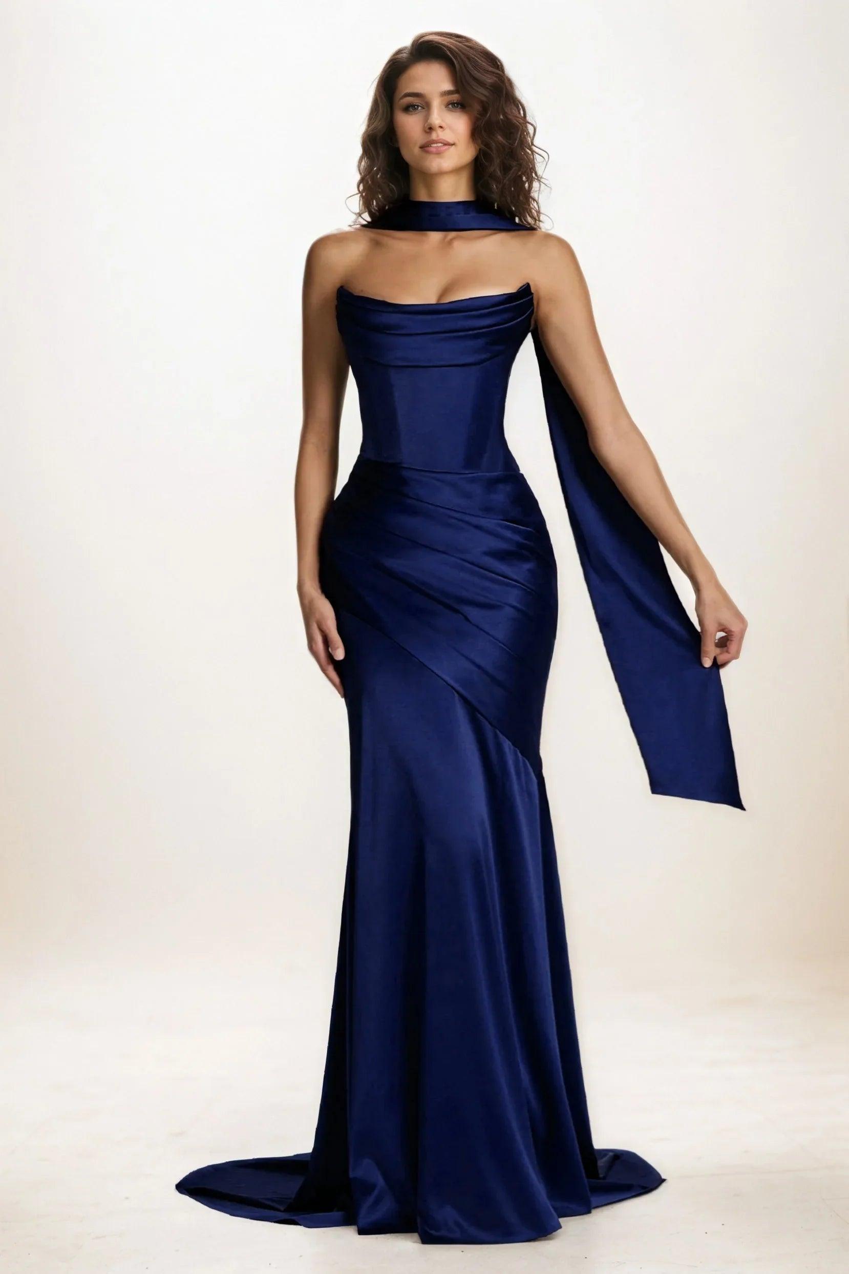 Trumpet-Mermaid Sweep-Brush Train Luxe Satin Wedding Guest Dress CG0301