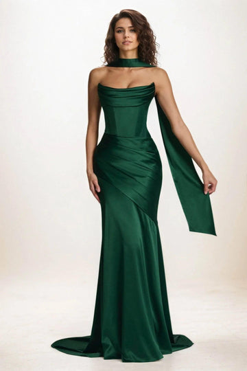 Trumpet-Mermaid Sweep-Brush Train Luxe Satin Wedding Guest Dress CG0301
