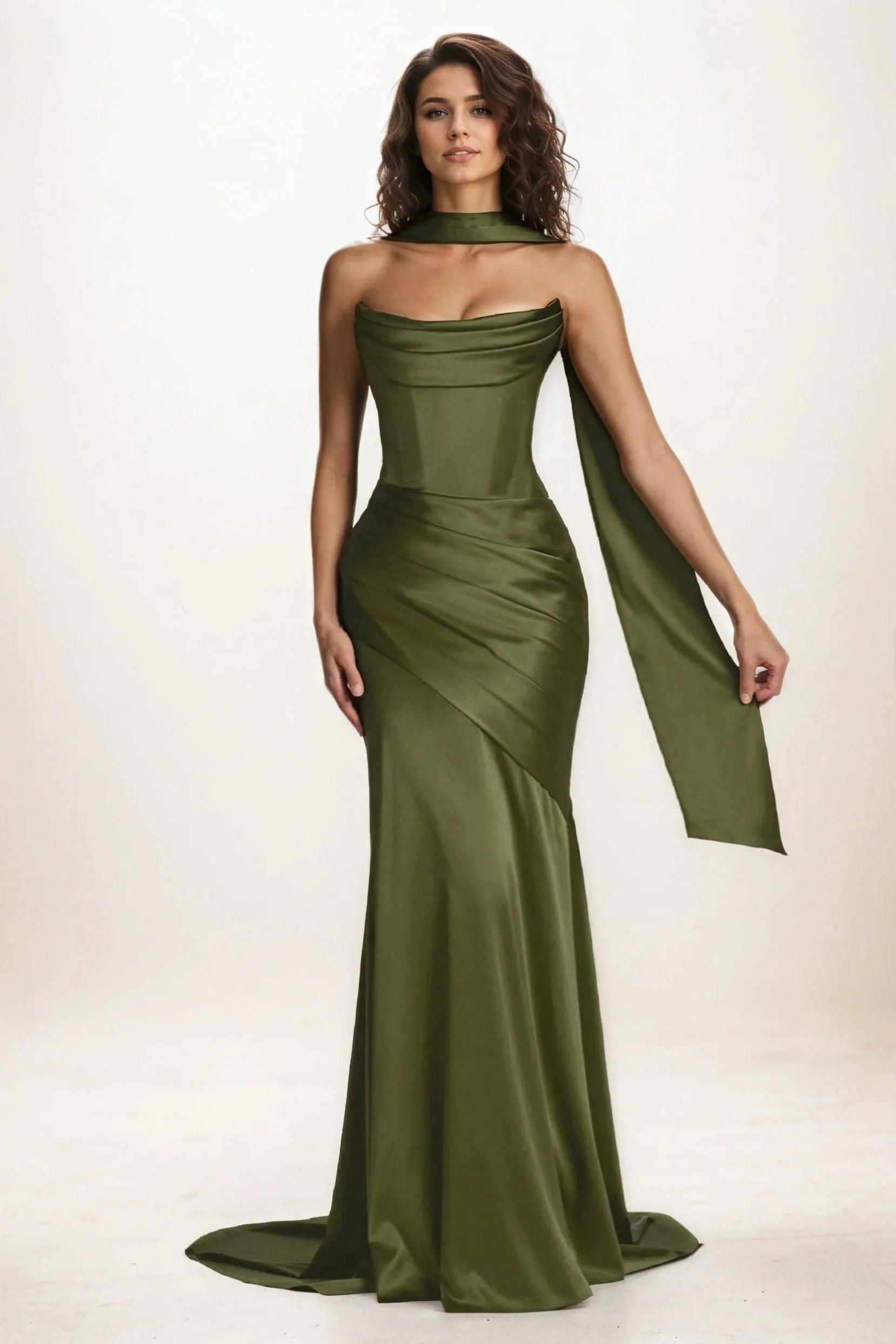 Trumpet-Mermaid Sweep-Brush Train Luxe Satin Wedding Guest Dress CG0301