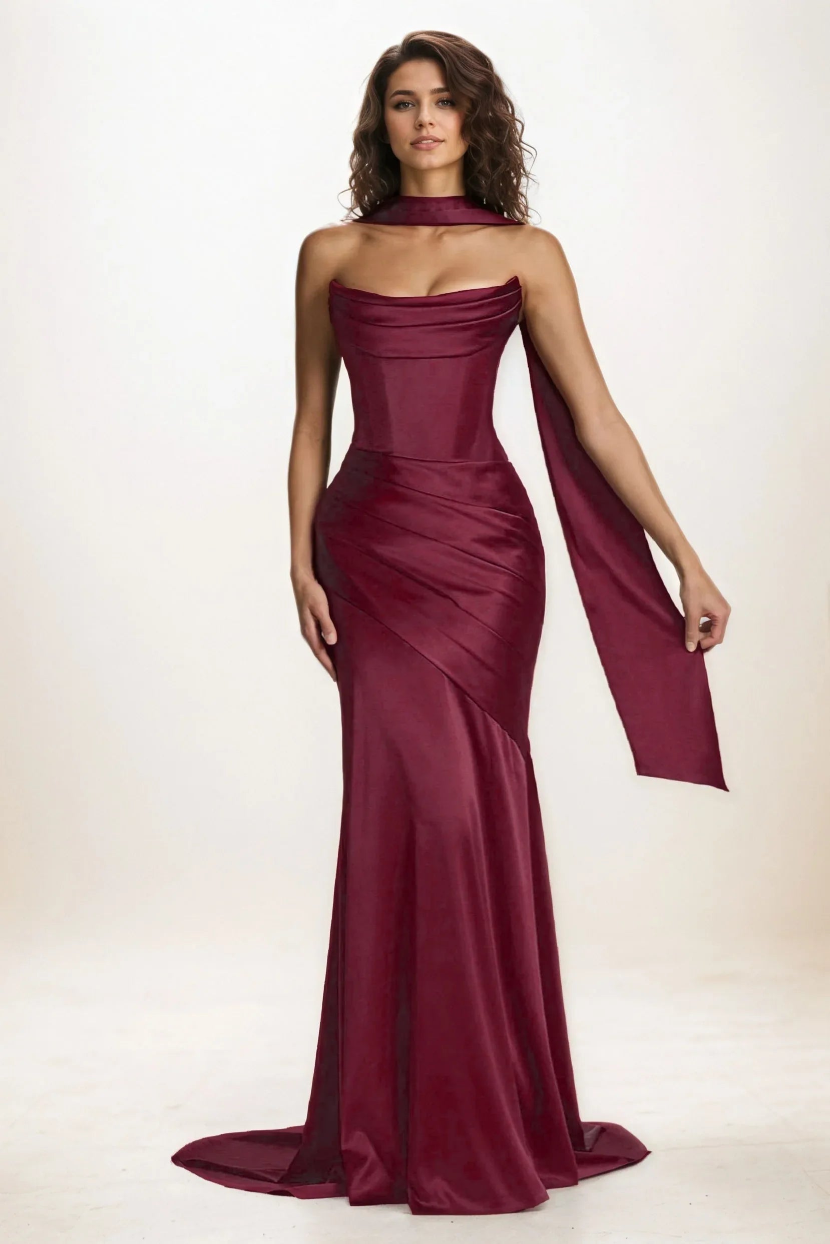 Trumpet-Mermaid Sweep-Brush Train Luxe Satin Wedding Guest Dress CG0301