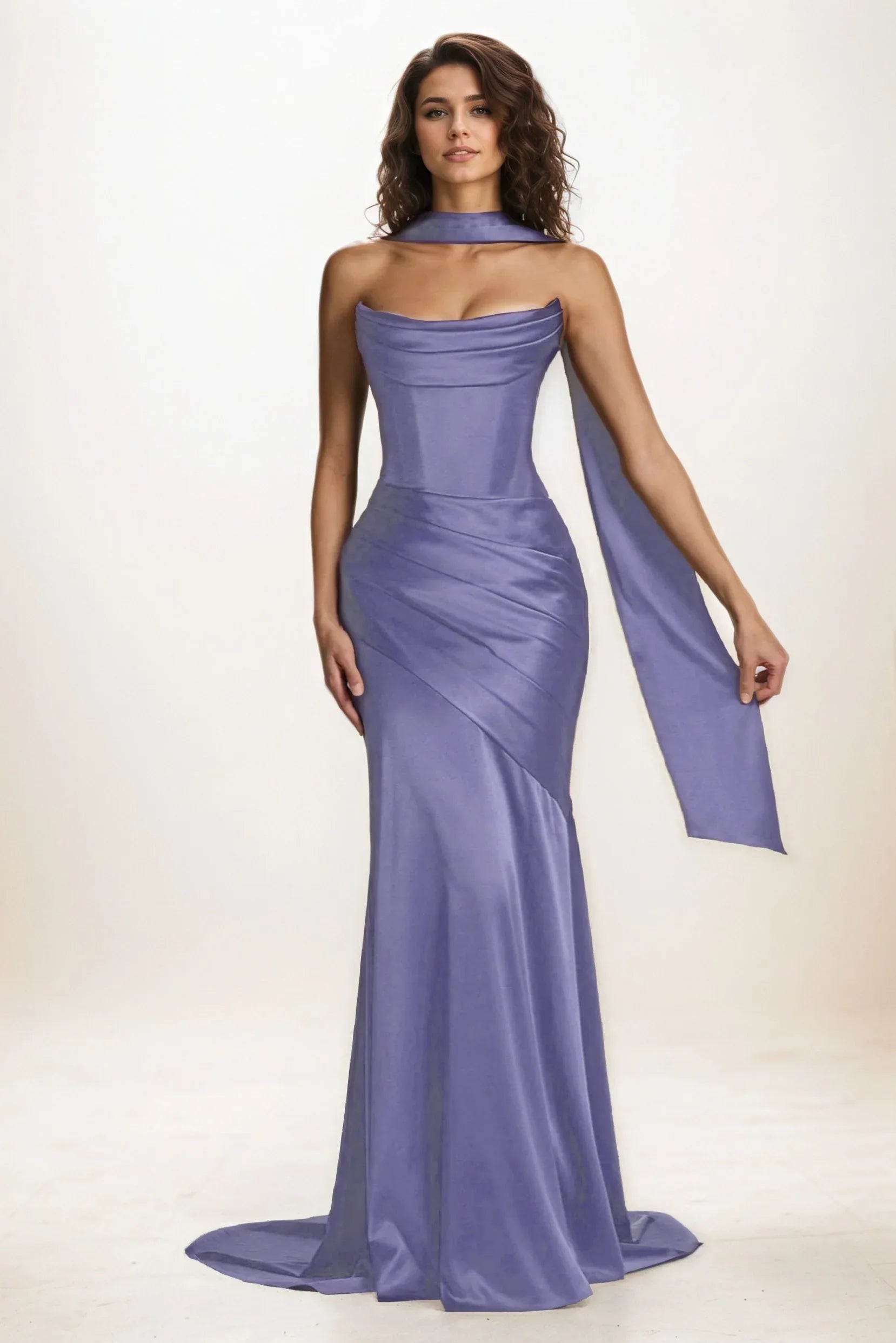 Trumpet-Mermaid Sweep-Brush Train Luxe Satin Wedding Guest Dress CG0301