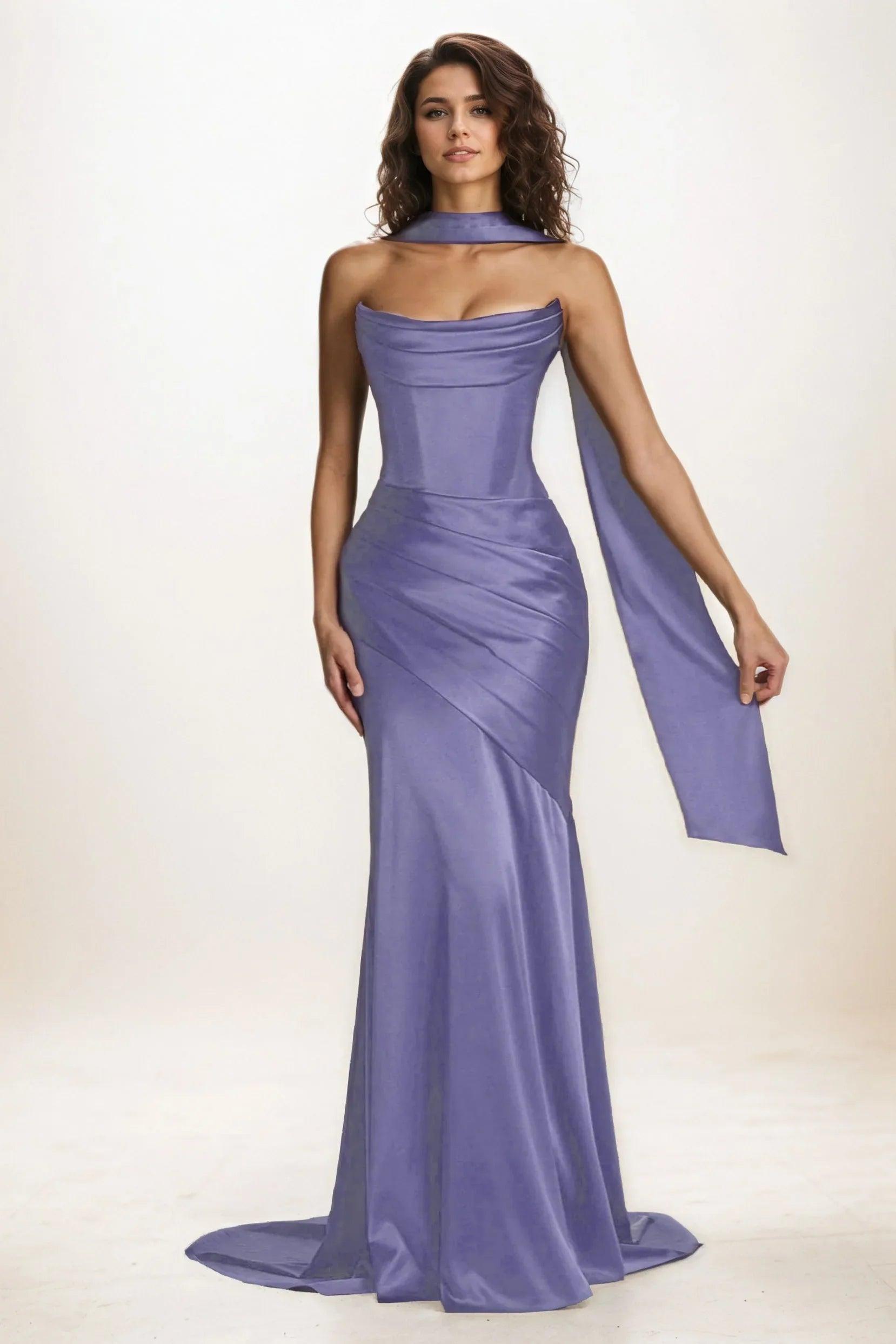 Trumpet-Mermaid Sweep-Brush Train Luxe Satin Wedding Guest Dress CG0301