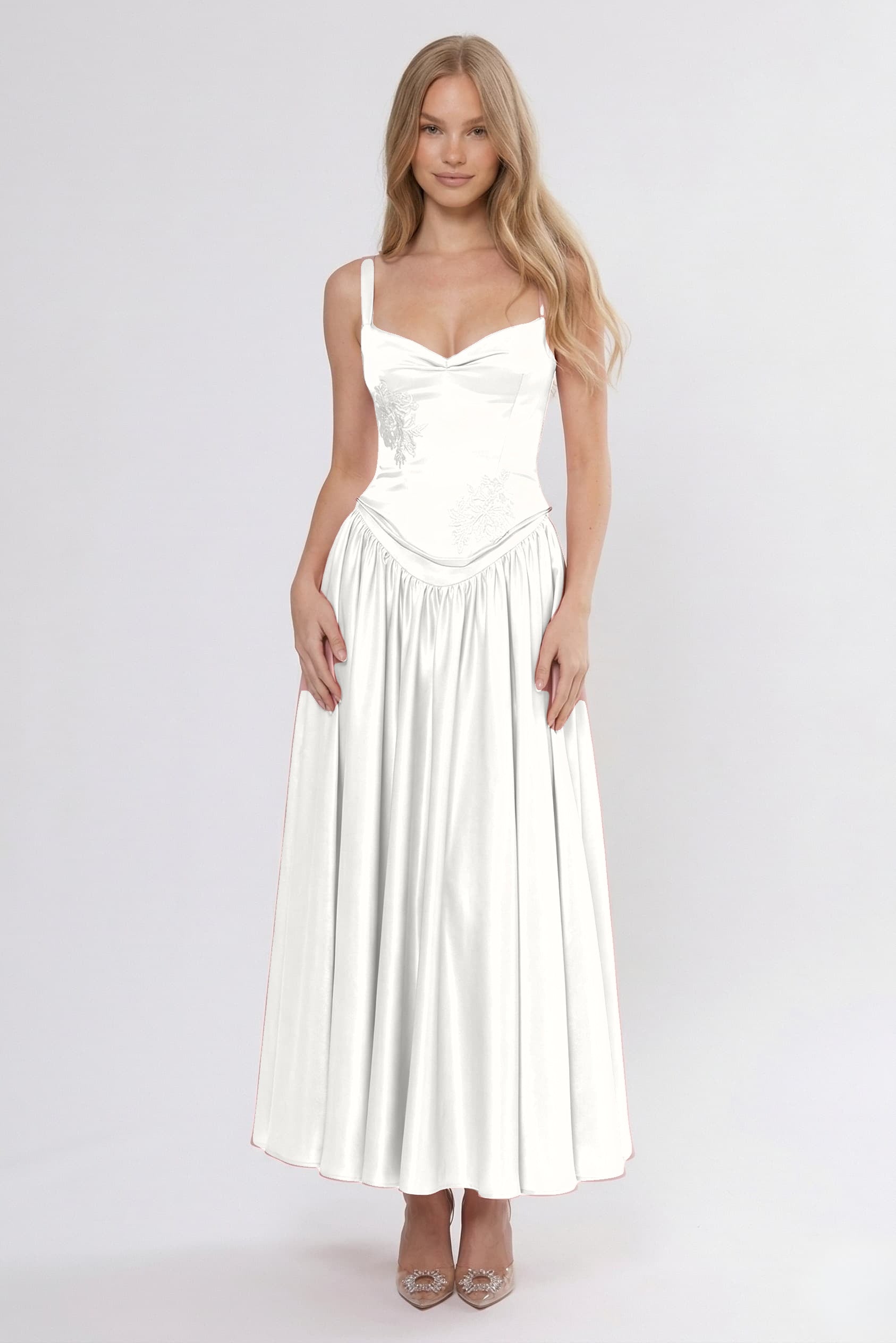 A-Line/Two-Piece Ankle Length Soft Satin Wedding Guest Dress CG0311