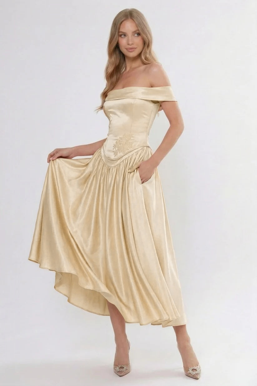 A-Line/Two-Piece Ankle Length Soft Satin Wedding Guest Dress CG0313