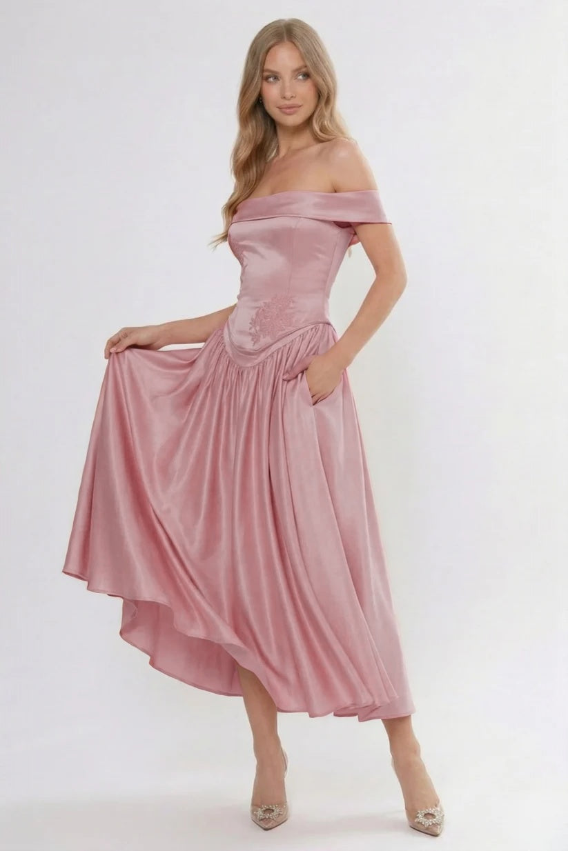 A-Line/Two-Piece Ankle Length Soft Satin Wedding Guest Dress CG0313