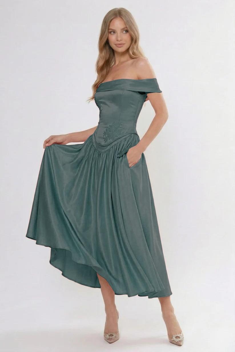 A-Line/Two-Piece Ankle Length Soft Satin Wedding Guest Dress CG0313