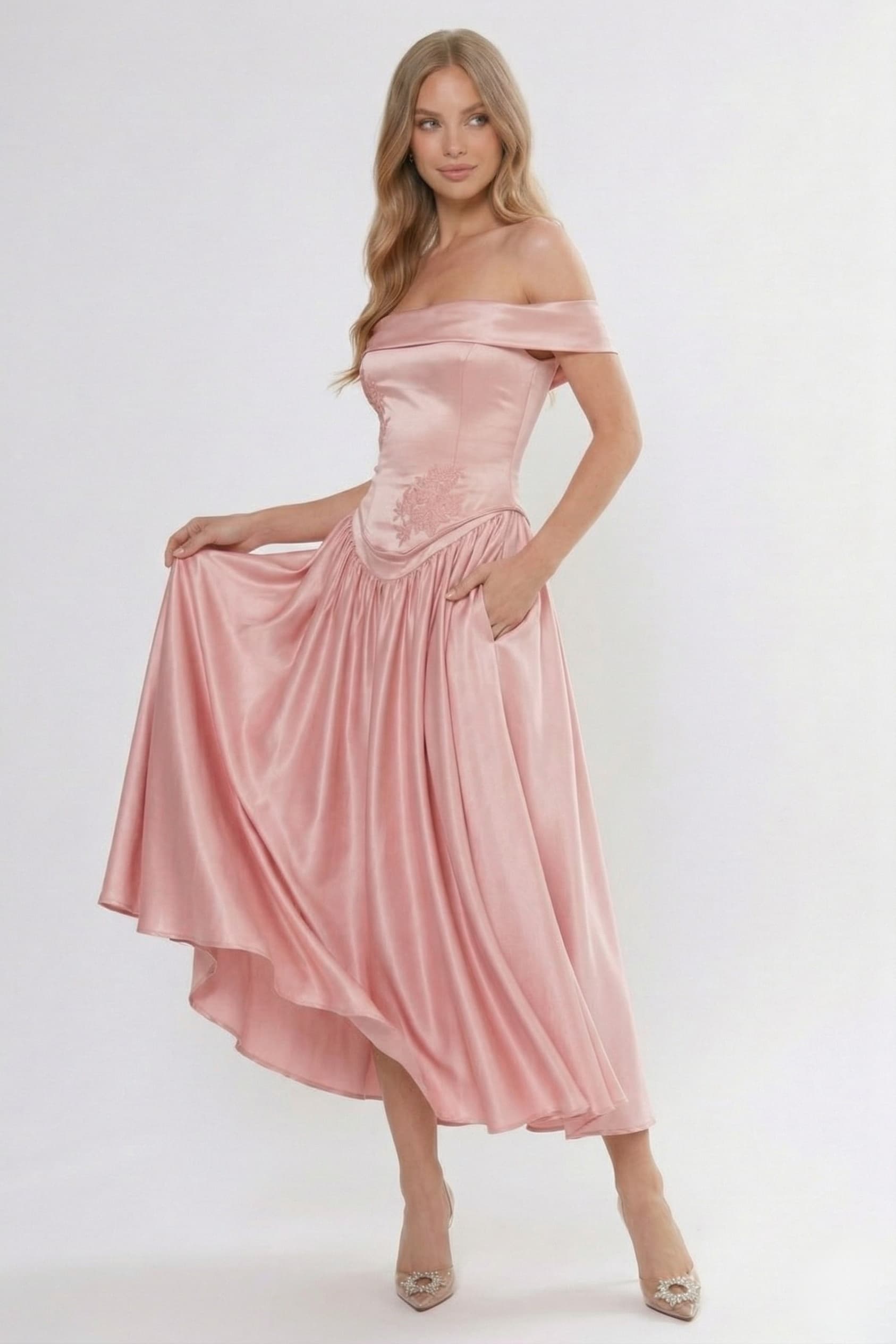 A-Line/Two-Piece Ankle Length Soft Satin Wedding Guest Dress CG0313