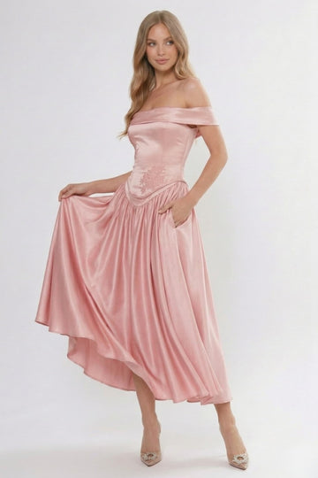 A-Line/Two-Piece Ankle Length Soft Satin Wedding Guest Dress CG0313