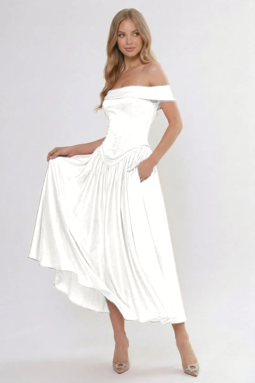 A-Line/Two-Piece Ankle Length Soft Satin Wedding Guest Dress CG0313
