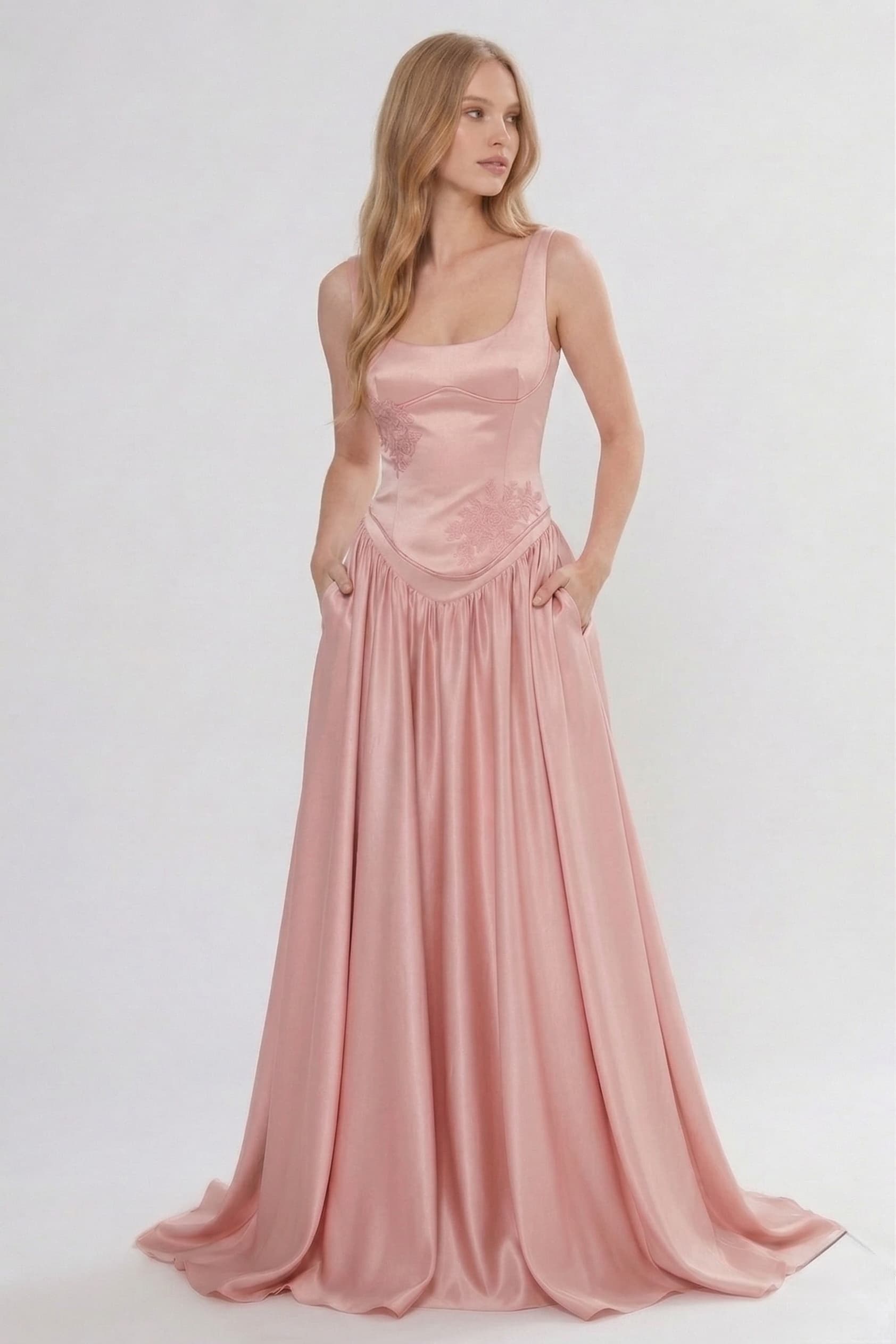 A-Line/Two-Piece Floor Length Soft Satin Wedding Guest Dress CG0314