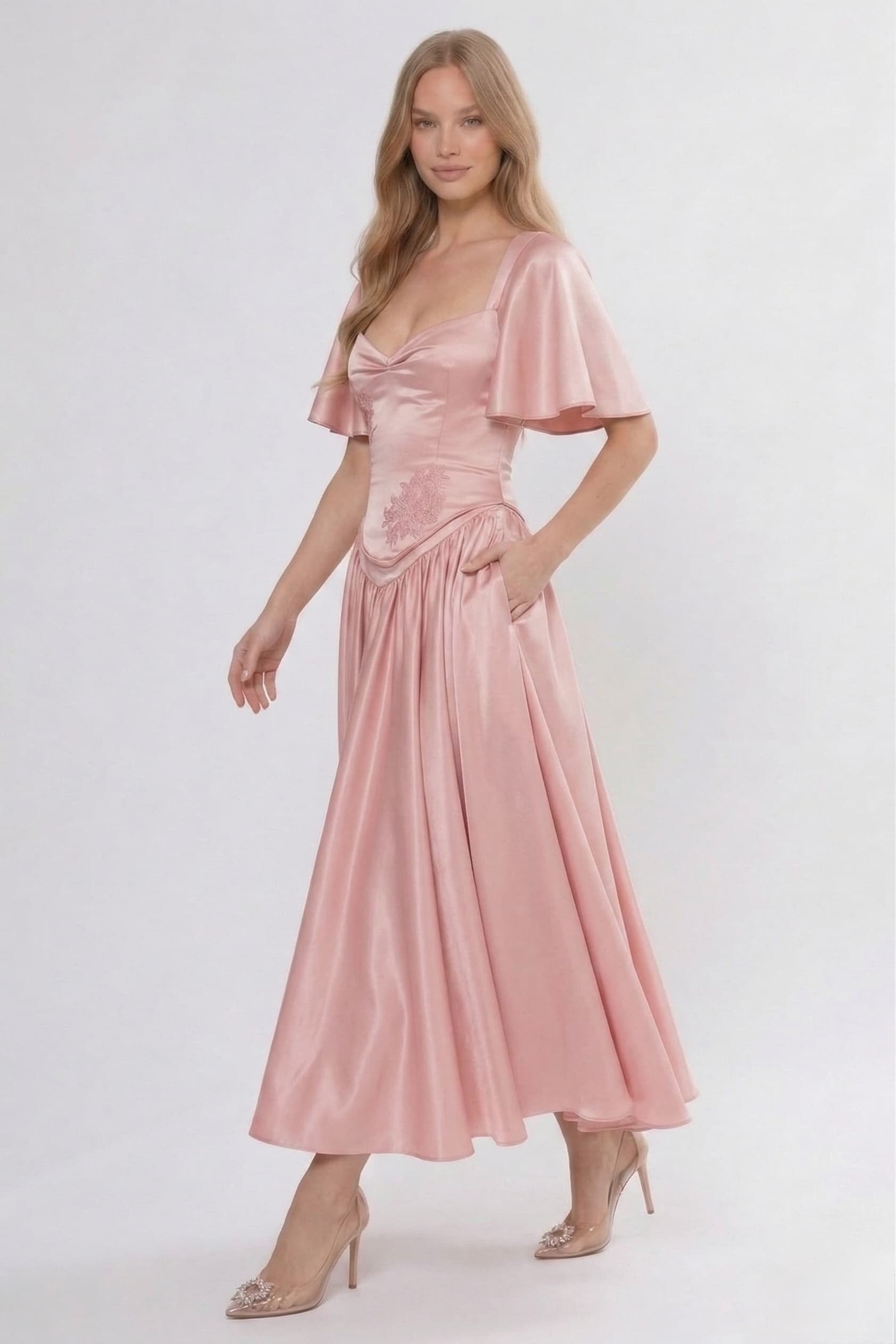 A-Line/Two-Piece Ankle Length Soft Satin Wedding Guest Dress CG0317