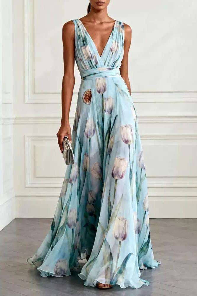 A-Line Maxi Printed Chiffon Wedding Guest Dress CG0330