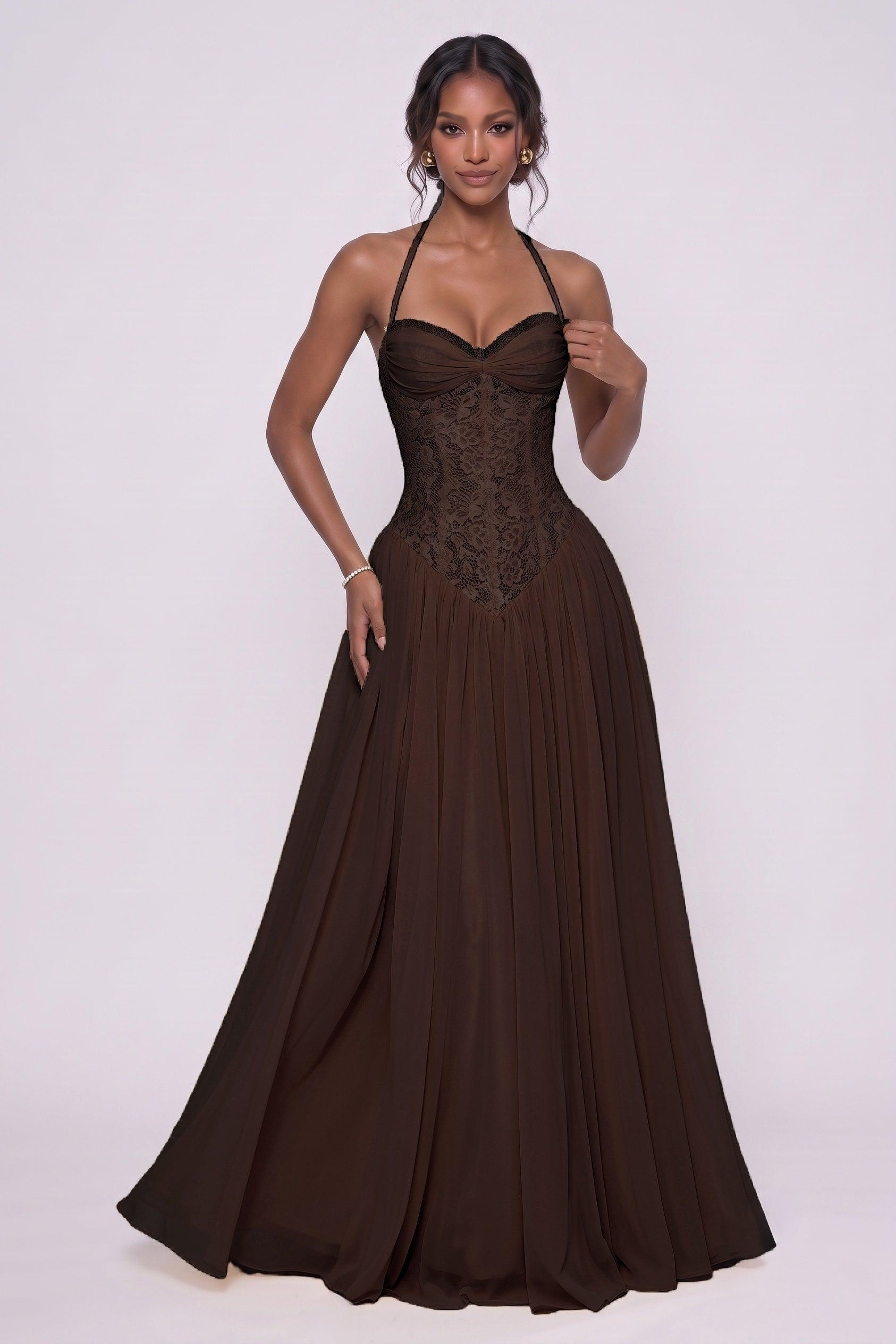 A-Line Floor-length Chiffon Lace Wedding Guest Dress CG0337