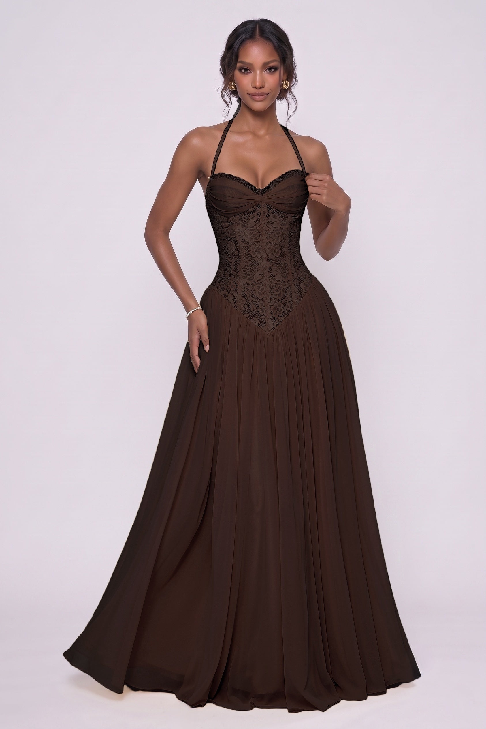 A-Line Floor-length Chiffon Lace Wedding Guest Dress CG0337
