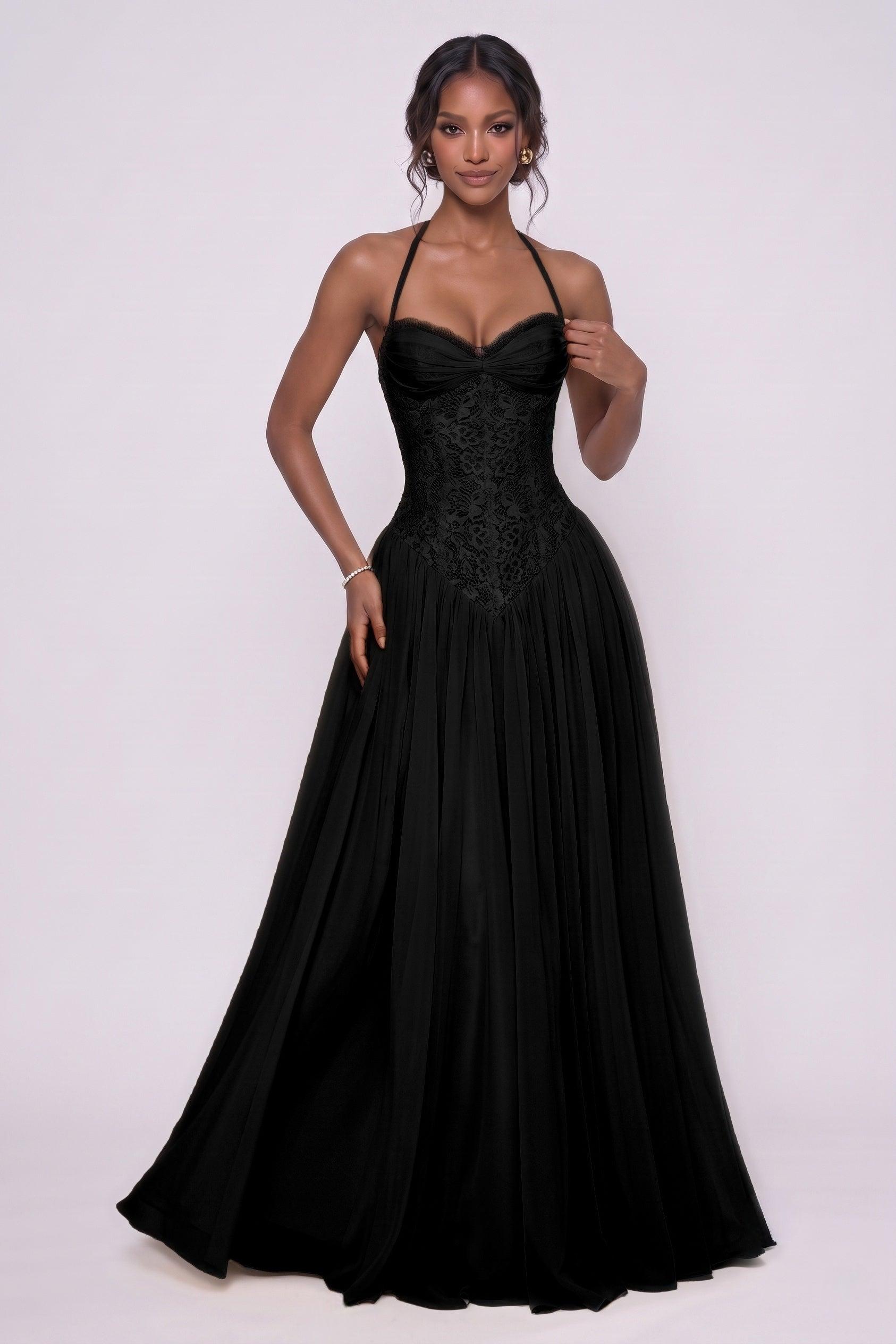 A-Line Floor-length Chiffon Lace Wedding Guest Dress CG0337