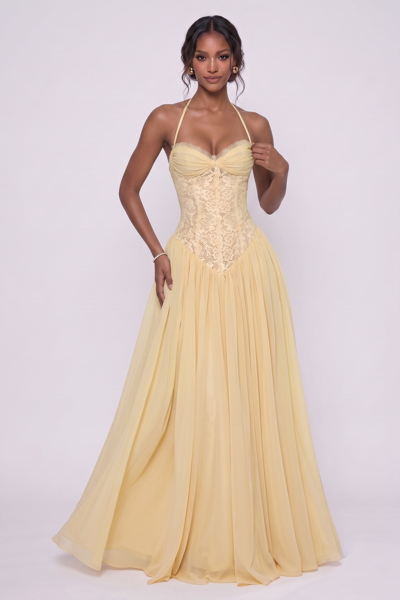A-Line Floor-length Chiffon Lace Wedding Guest Dress CG0337