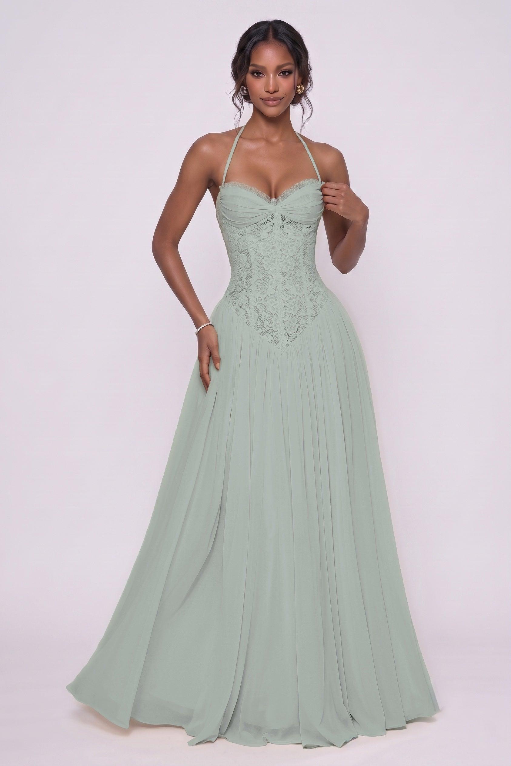 A-Line Floor-length Chiffon Lace Wedding Guest Dress CG0337