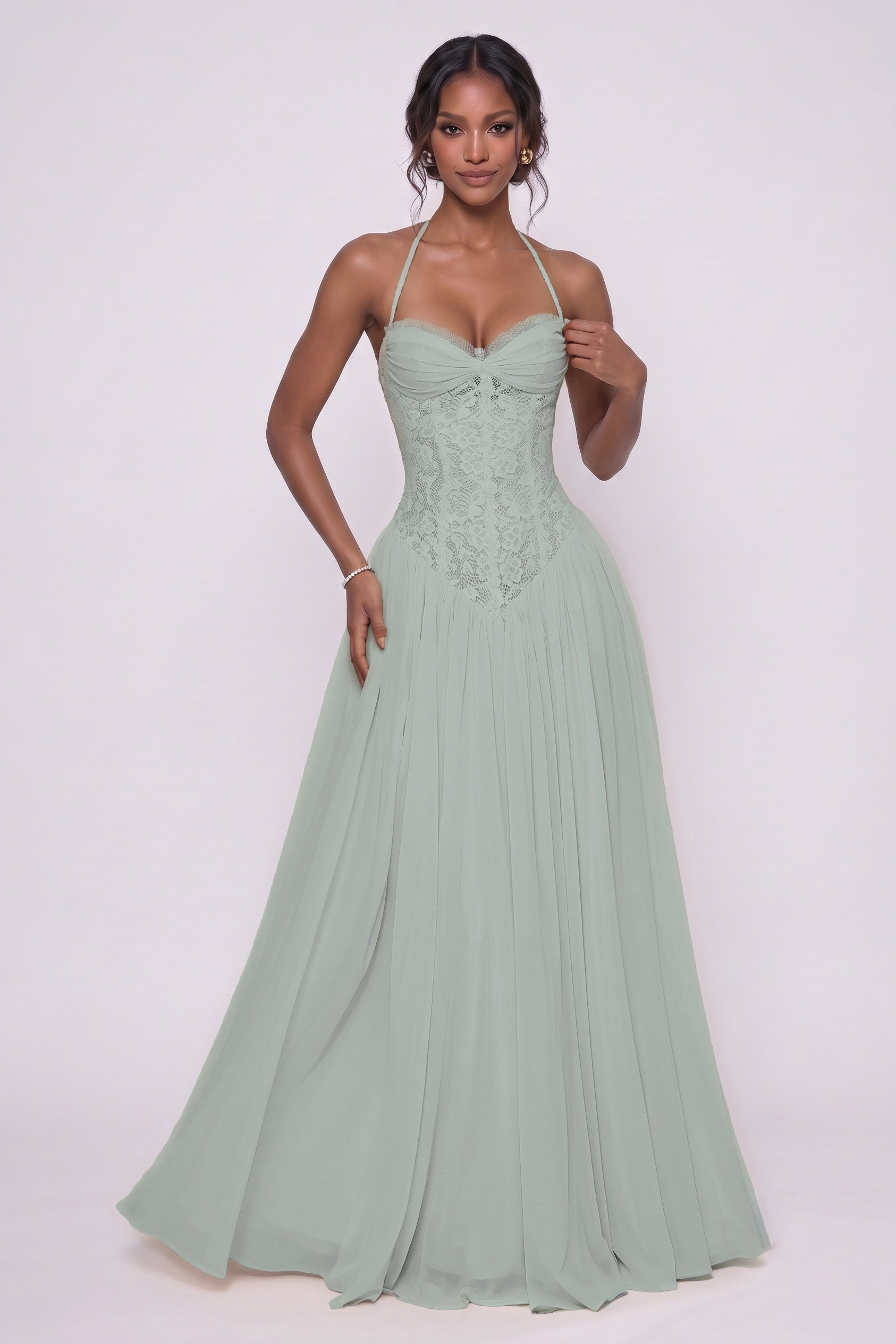 A-Line Floor-length Chiffon Lace Wedding Guest Dress CG0337