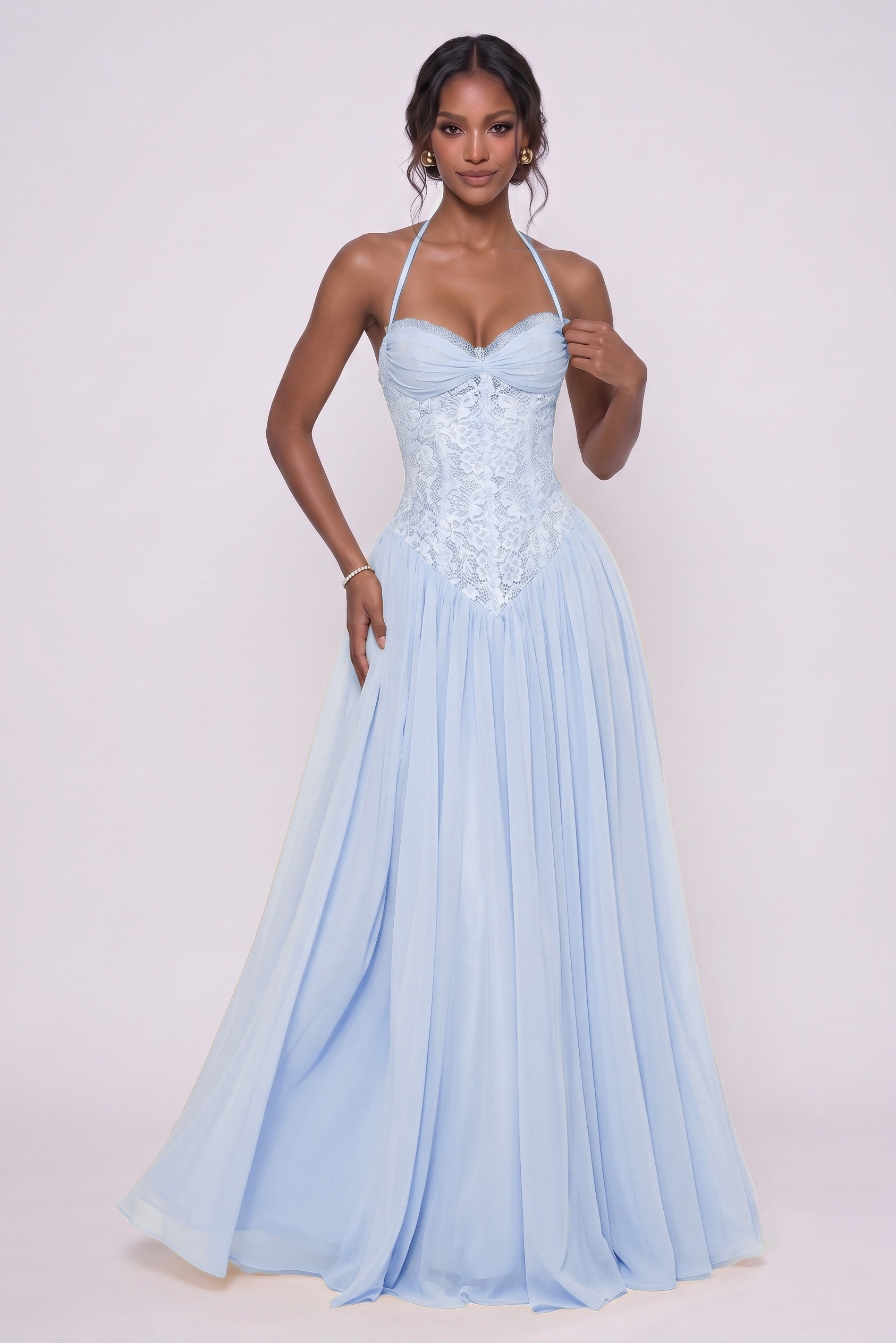A-Line Floor-length Chiffon Lace Wedding Guest Dress CG0337