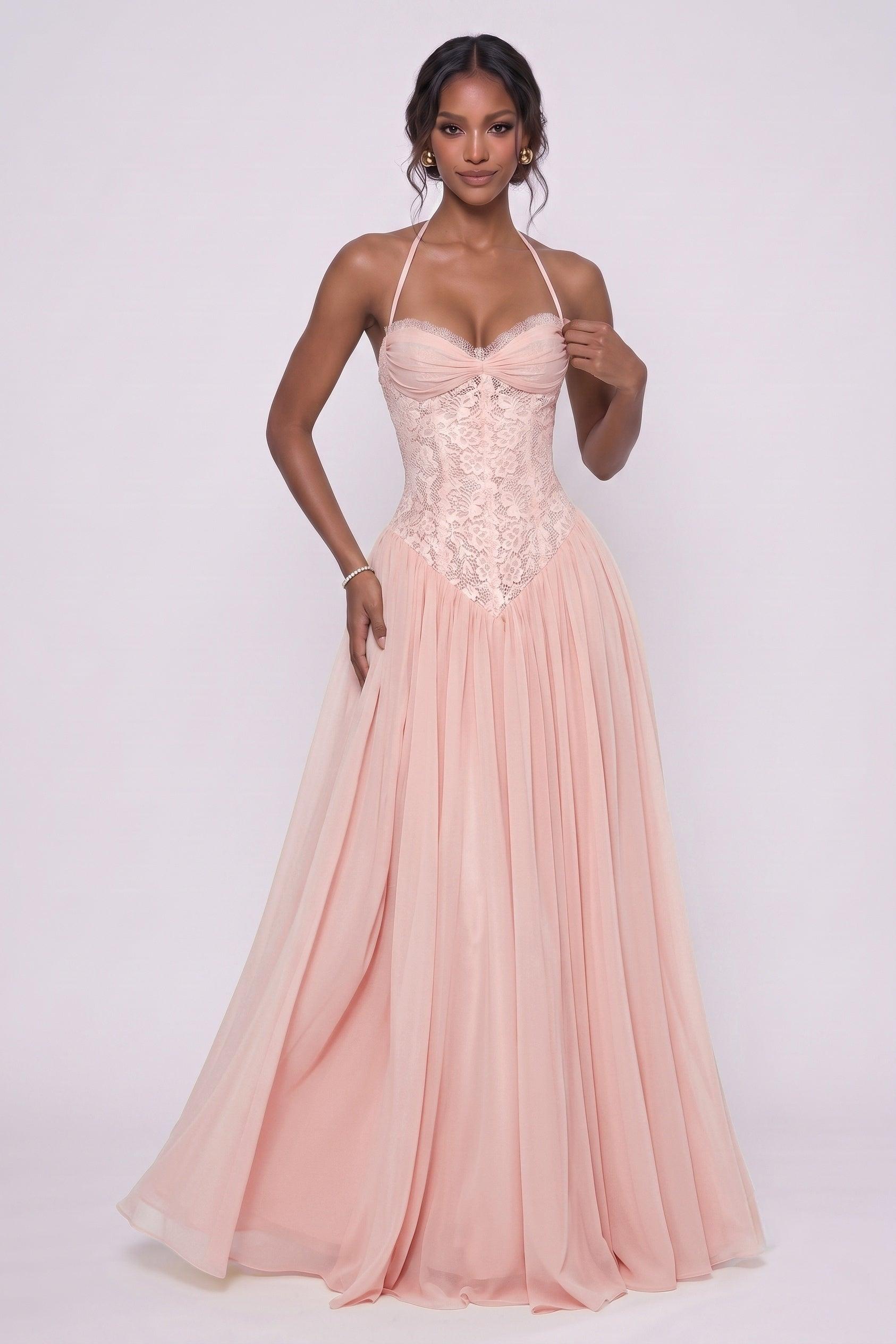 A-Line Floor-length Chiffon Lace Wedding Guest Dress CG0337