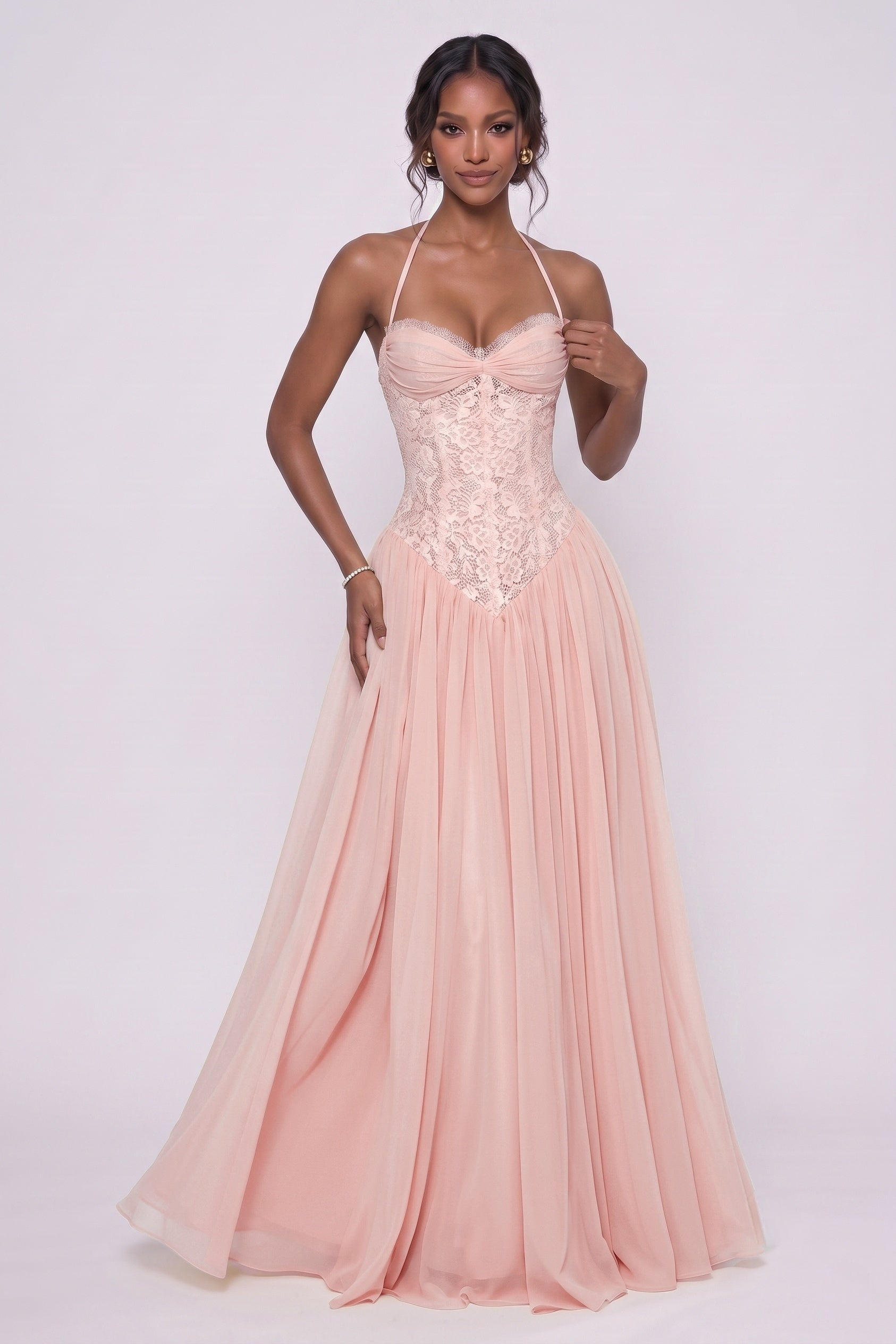 A-Line Floor-length Chiffon Lace Wedding Guest Dress CG0337