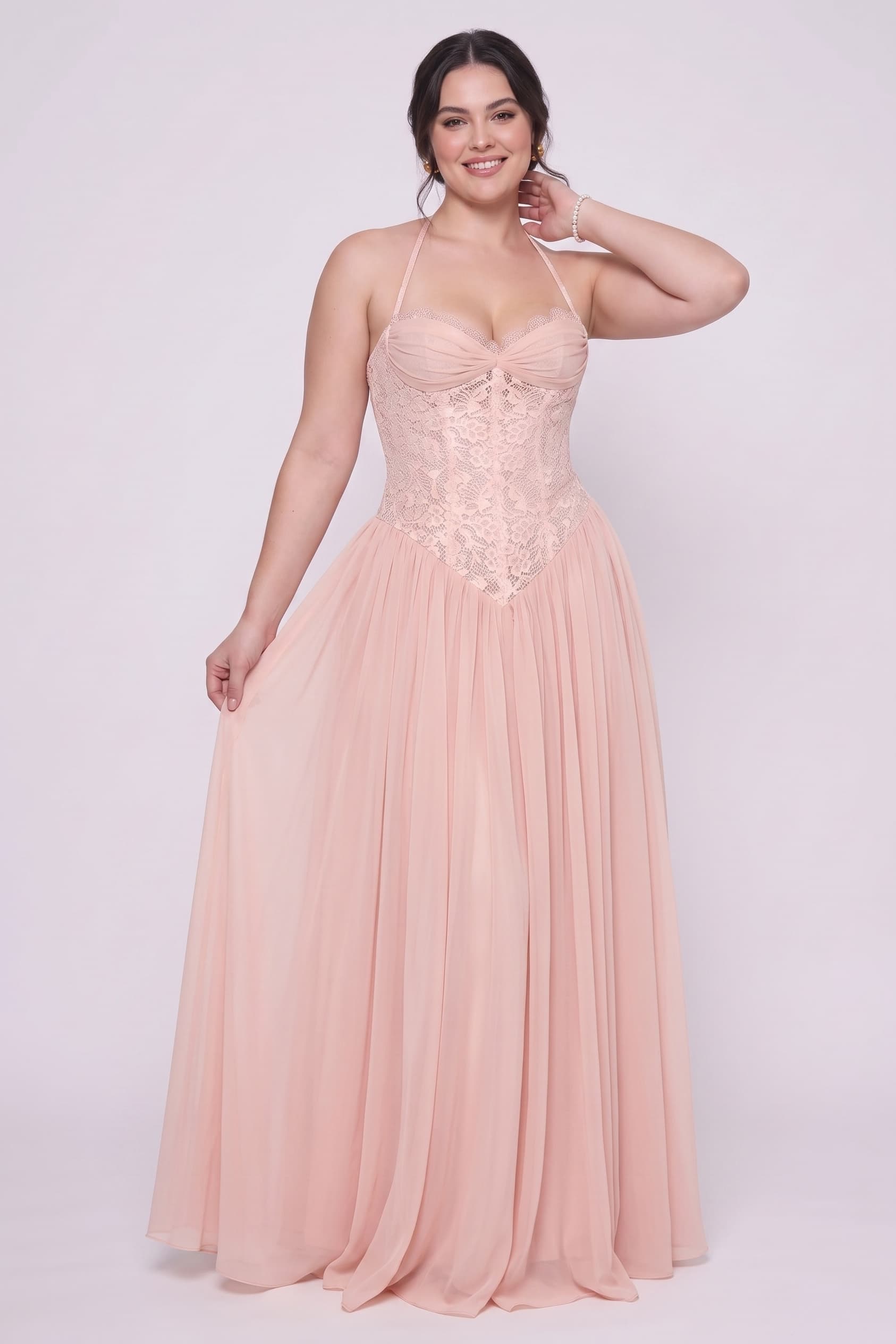 A-Line Floor-length Chiffon Lace Wedding Guest Dress CG0337