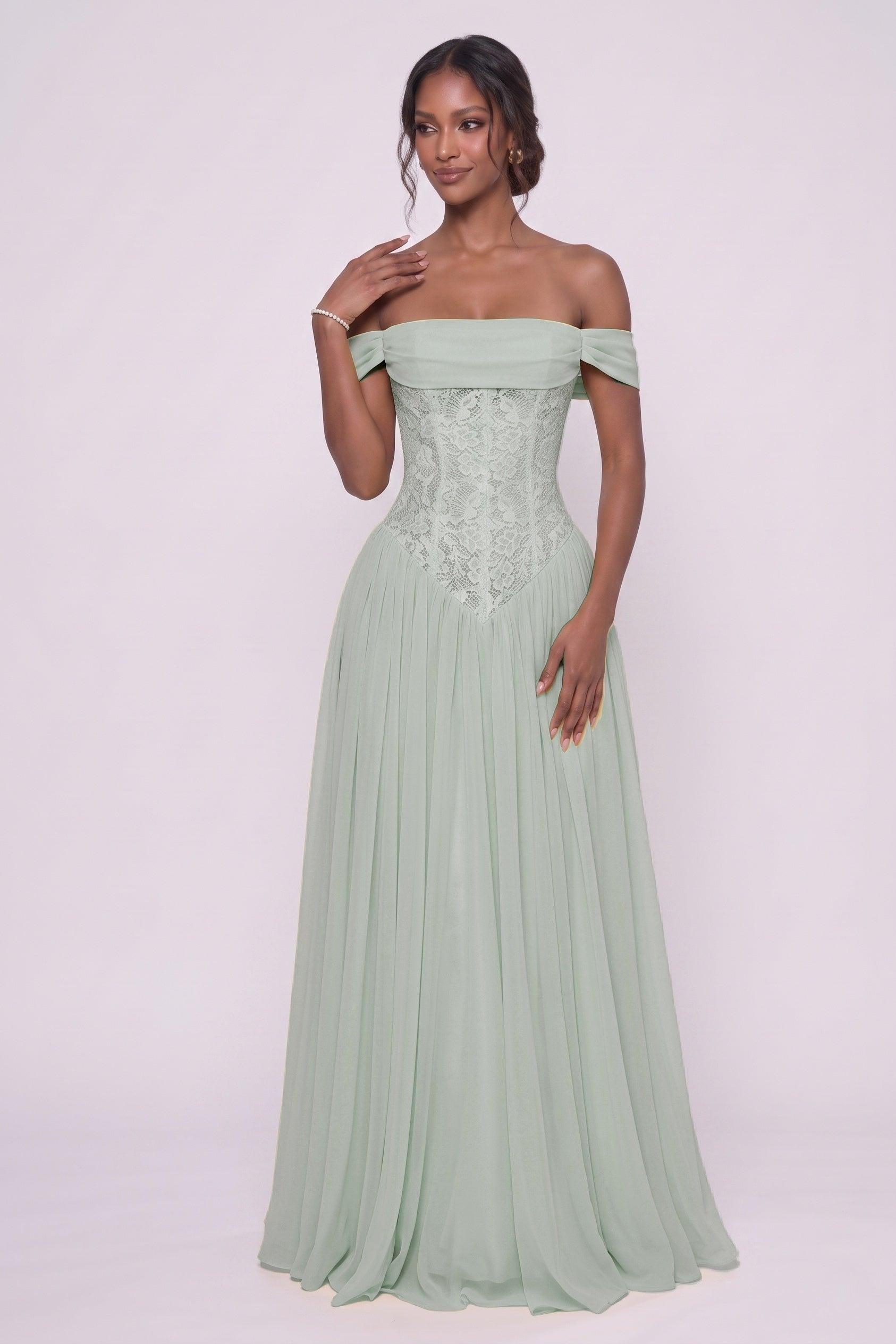 A-Line Floor-length Chiffon Lace Wedding Guest Dress CG0338