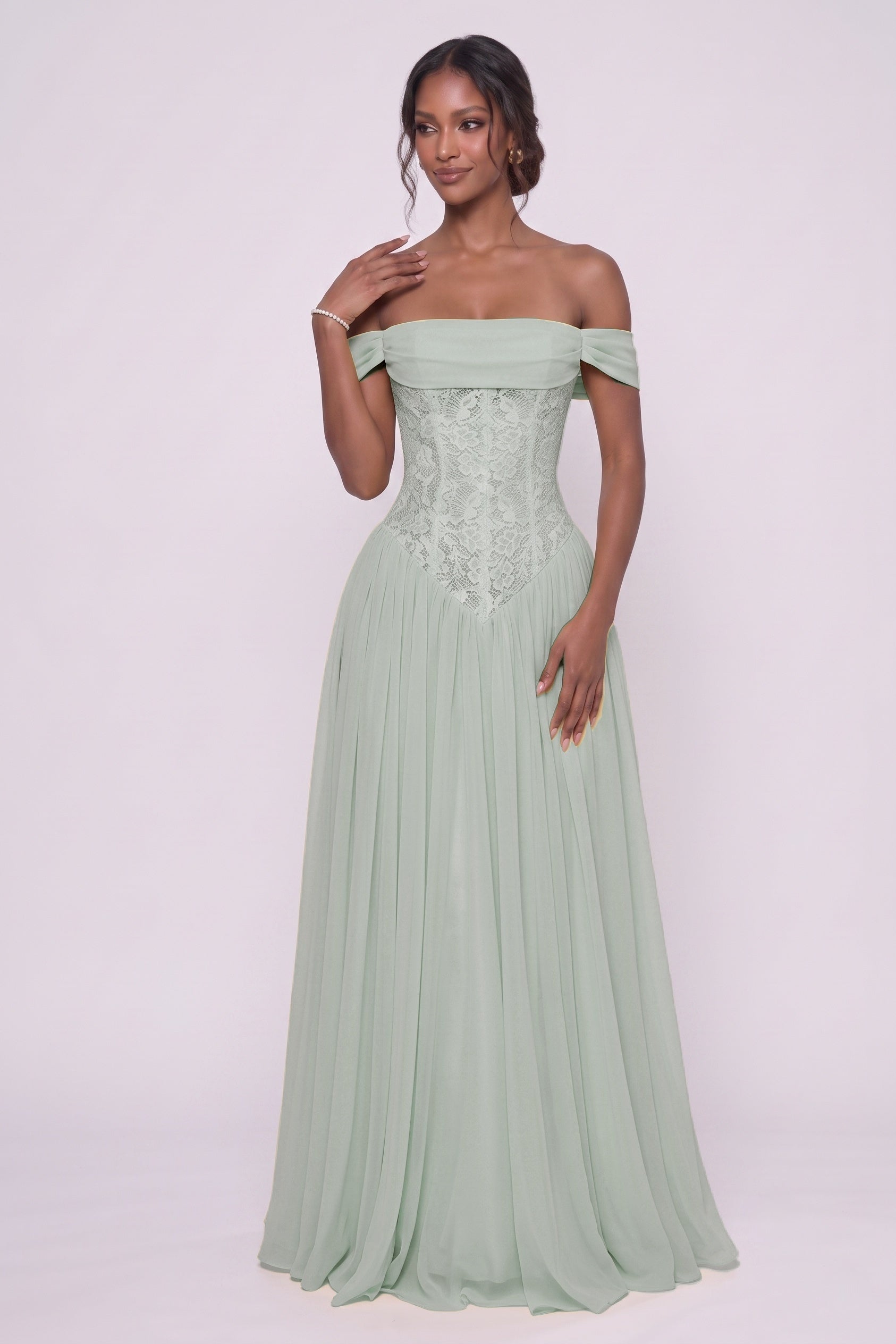 A-Line Floor-length Chiffon Lace Wedding Guest Dress CG0338