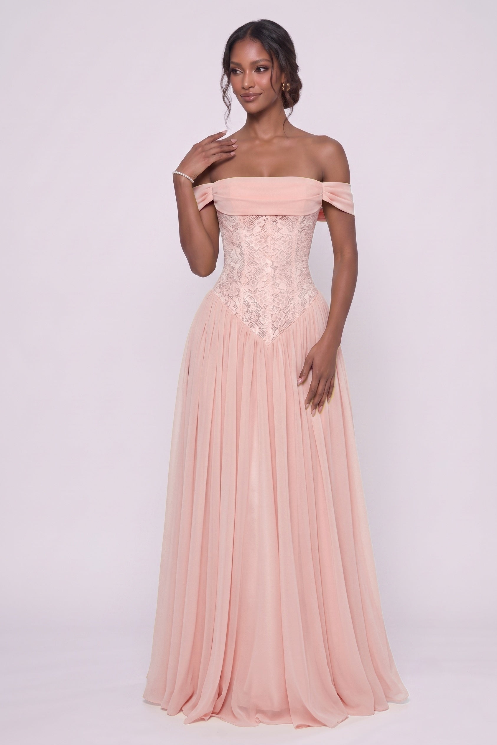 A-Line Floor-length Chiffon Lace Wedding Guest Dress CG0338