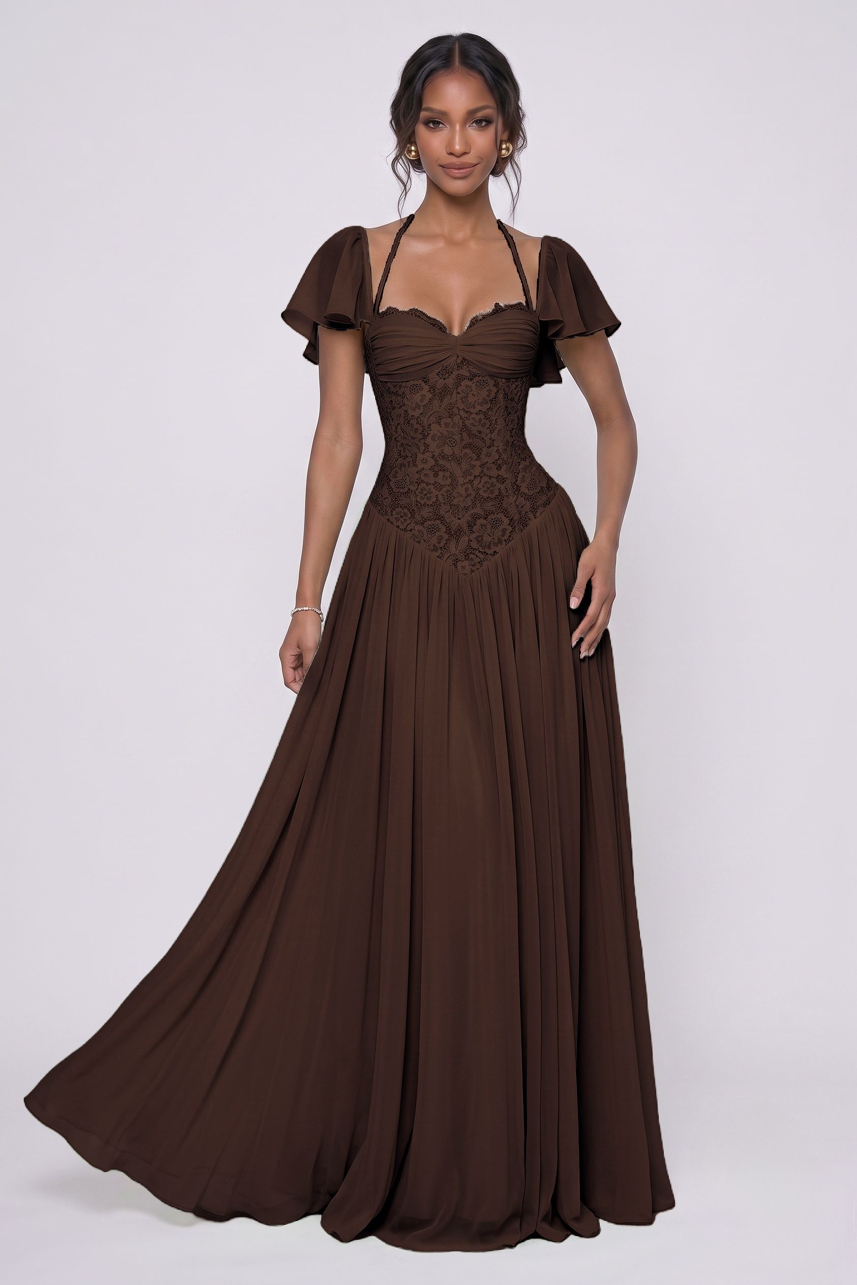 A-Line Floor-length Chiffon Lace Wedding Guest Dress CG0347