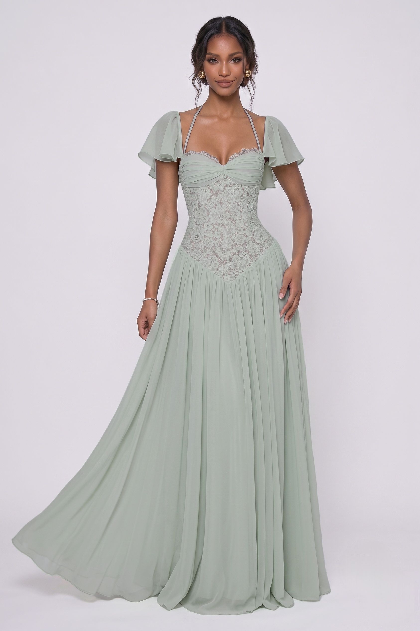 A-Line Floor-length Chiffon Lace Wedding Guest Dress CG0347
