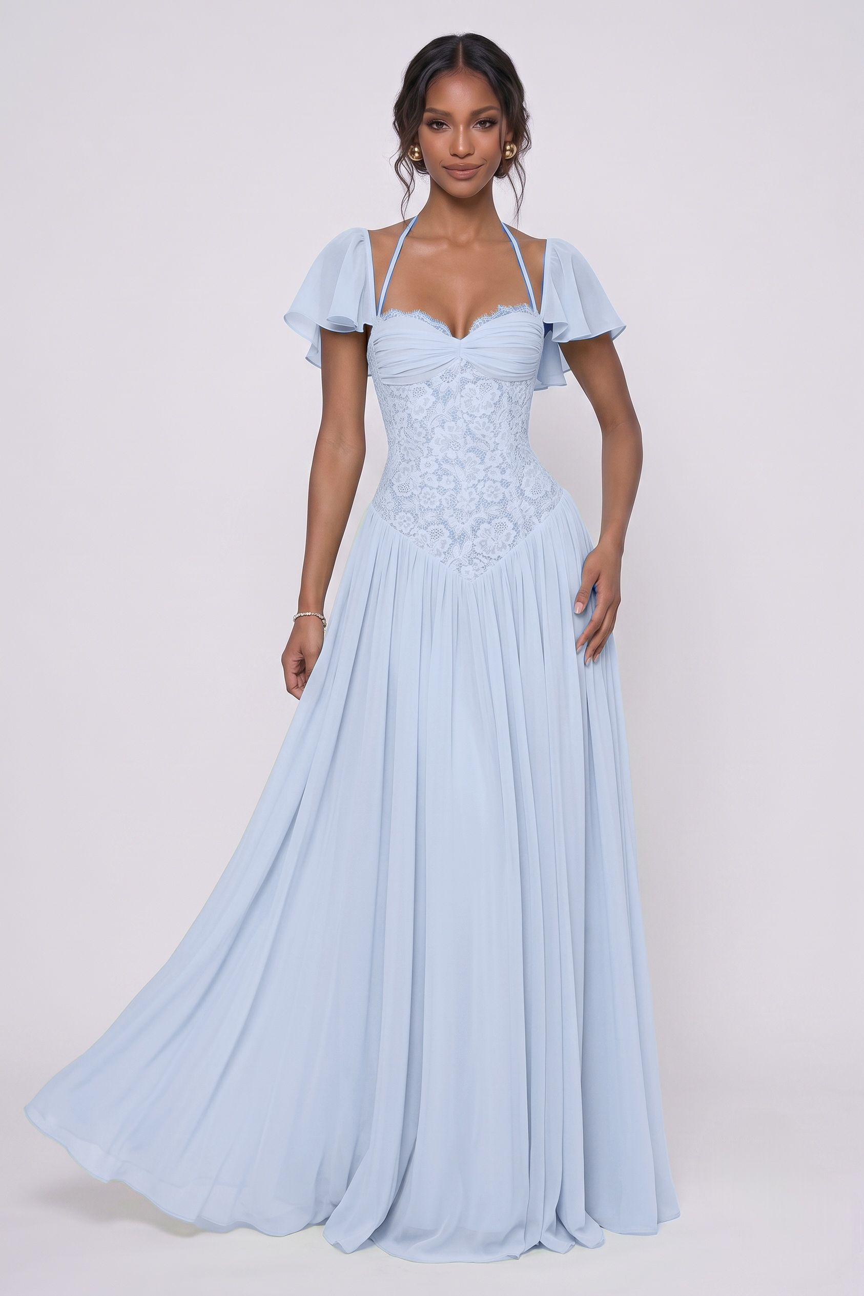 A-Line Floor-length Chiffon Lace Wedding Guest Dress CG0347