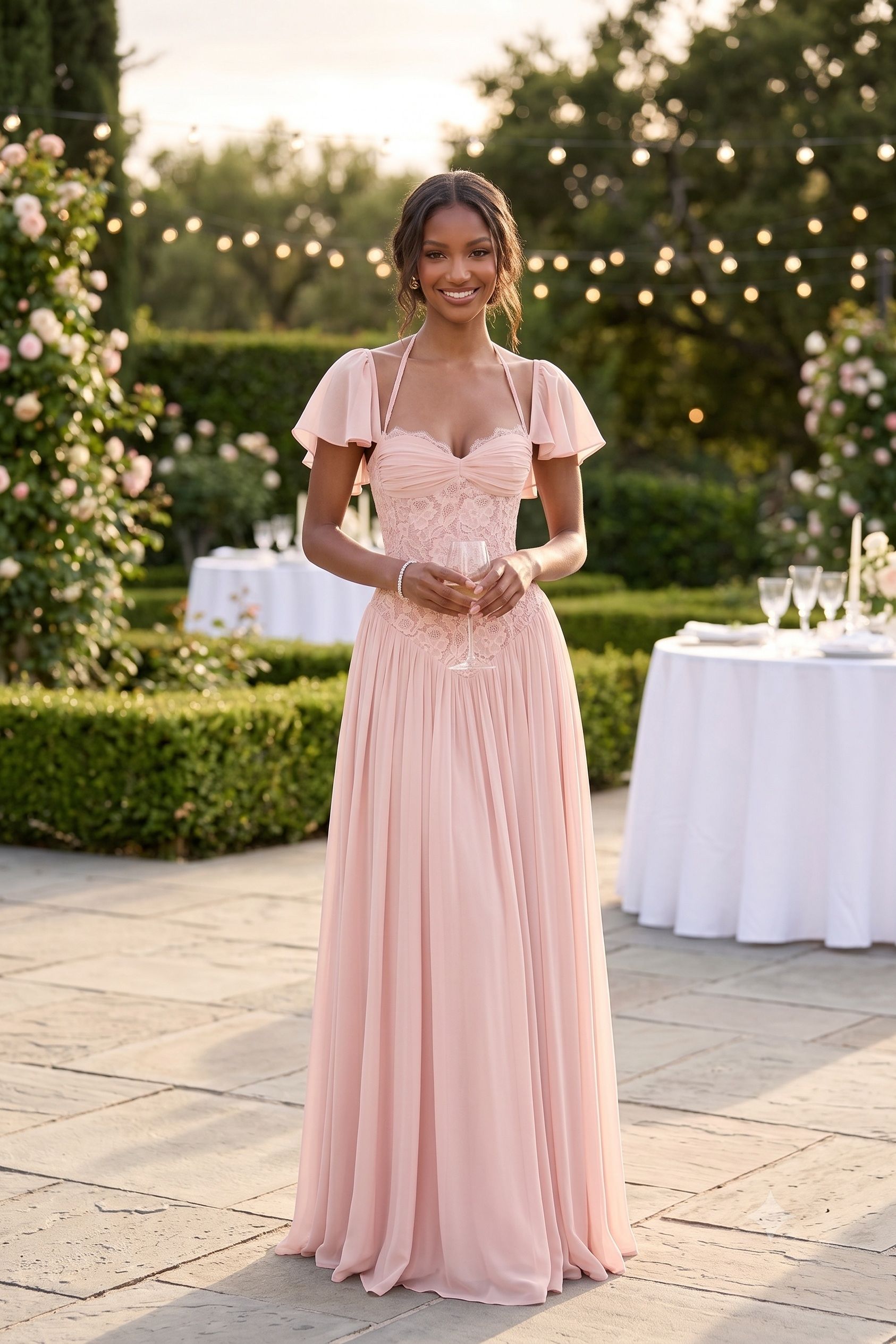 A-Line Floor-length Chiffon Lace Wedding Guest Dress CG0347