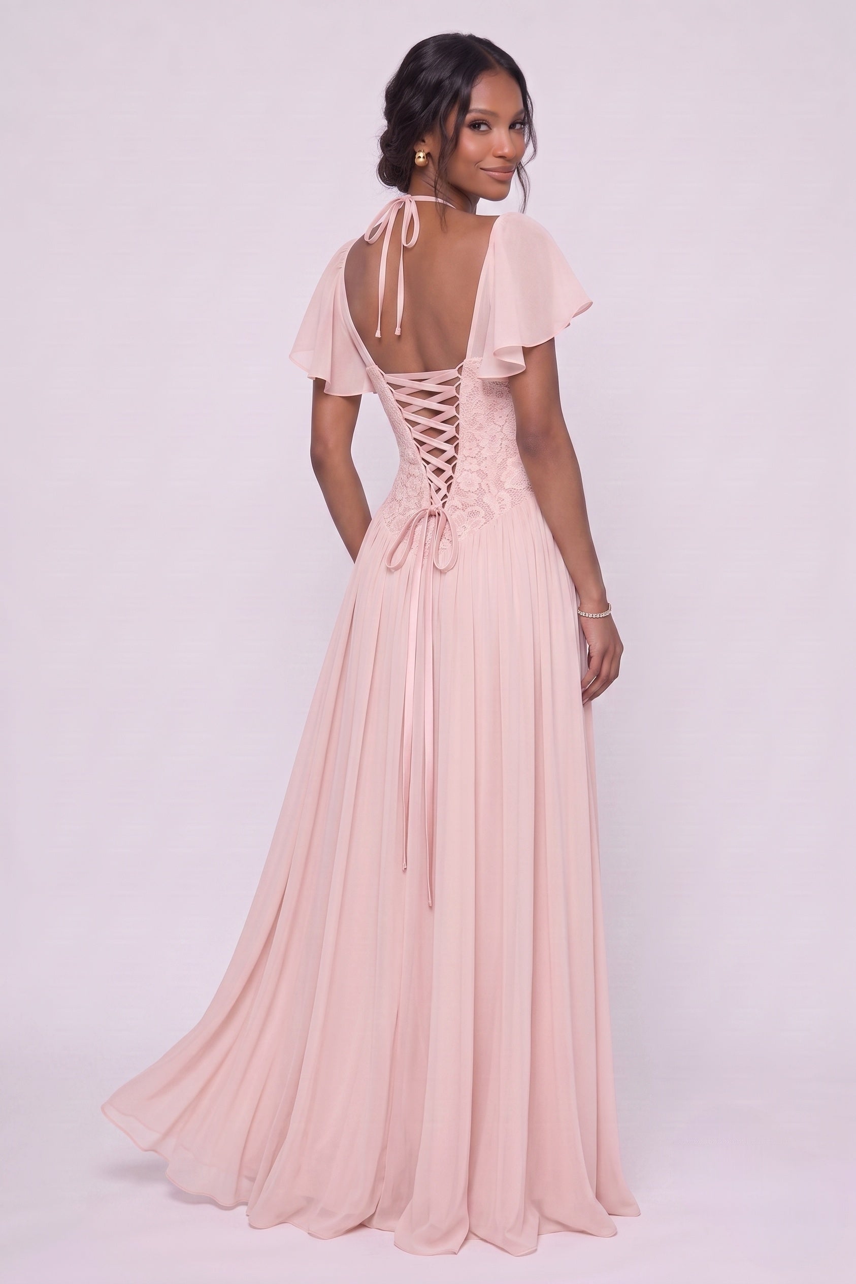 A-Line Floor-length Chiffon Lace Wedding Guest Dress CG0347