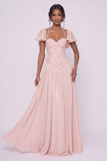 A-Line Floor-length Chiffon Lace Wedding Guest Dress CG0347