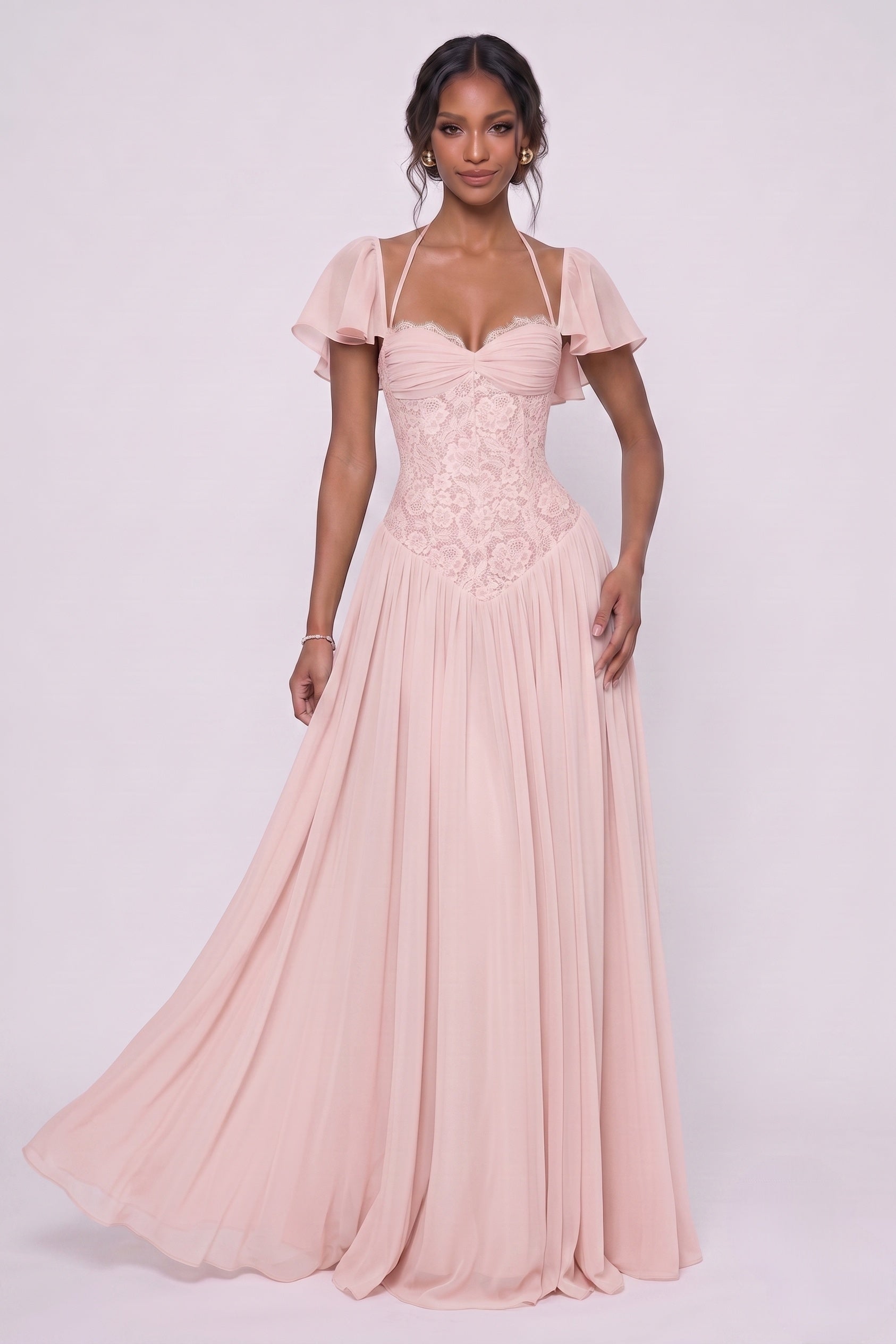 A-Line Floor-length Chiffon Lace Wedding Guest Dress CG0347