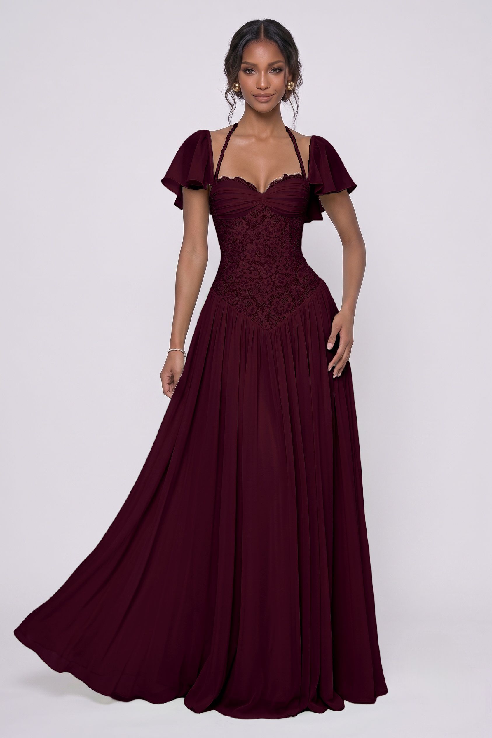 A-Line Floor-length Chiffon Lace Wedding Guest Dress CG0347