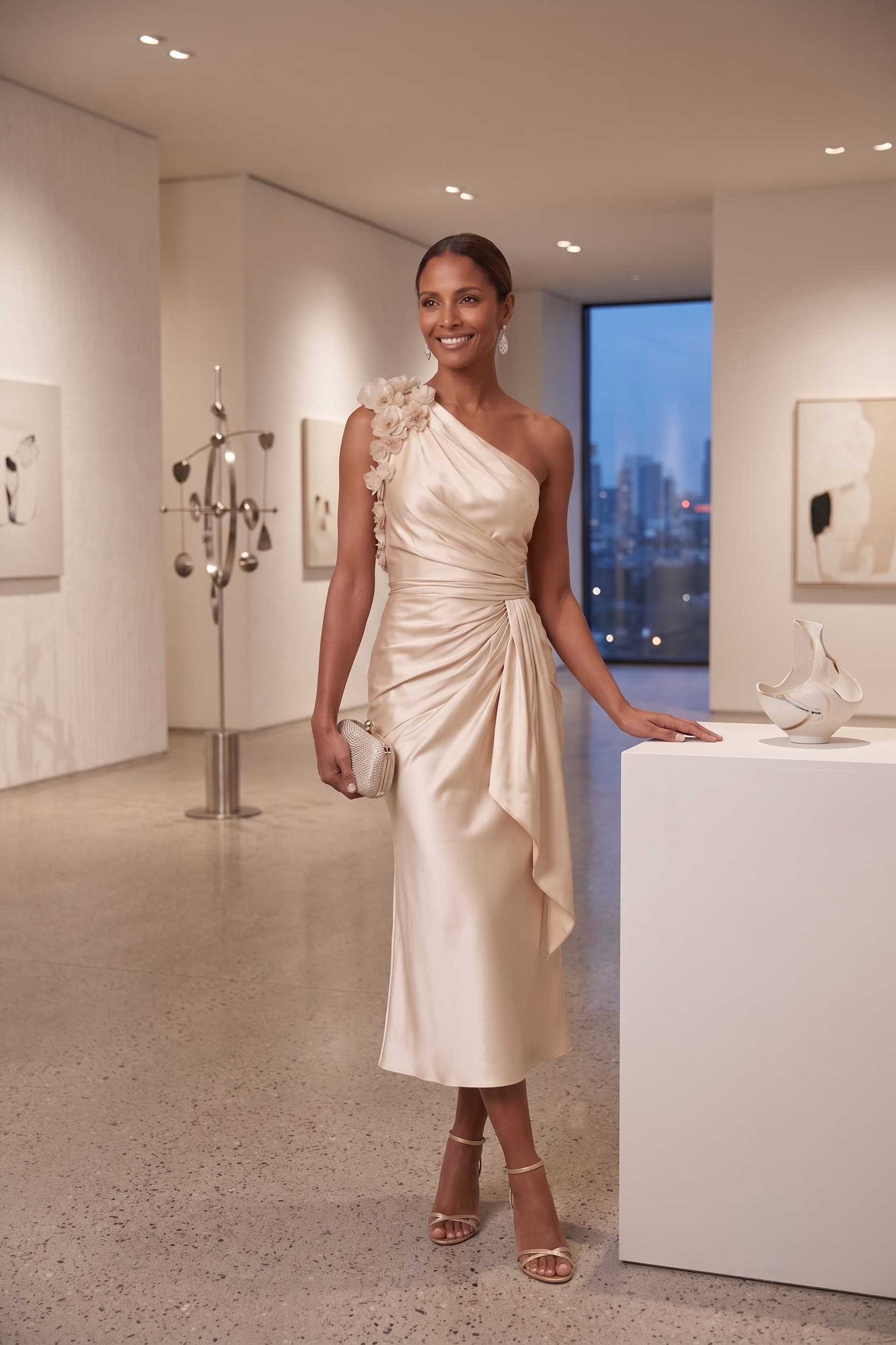 Sheath-Column Tea Length Stretch Satin Wedding Guest Dress CG0349