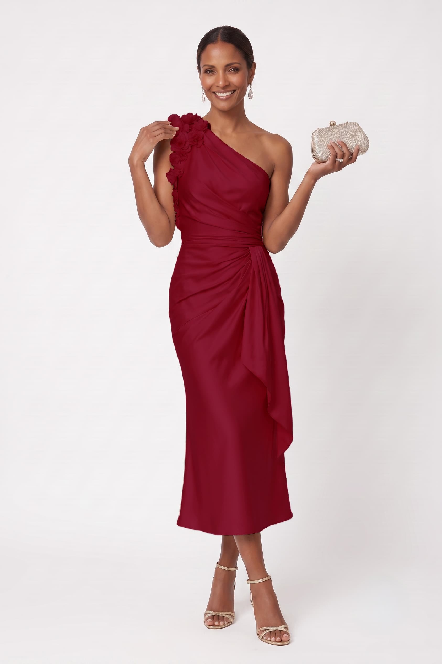 Sheath-Column Tea Length Stretch Satin Wedding Guest Dress CG0349
