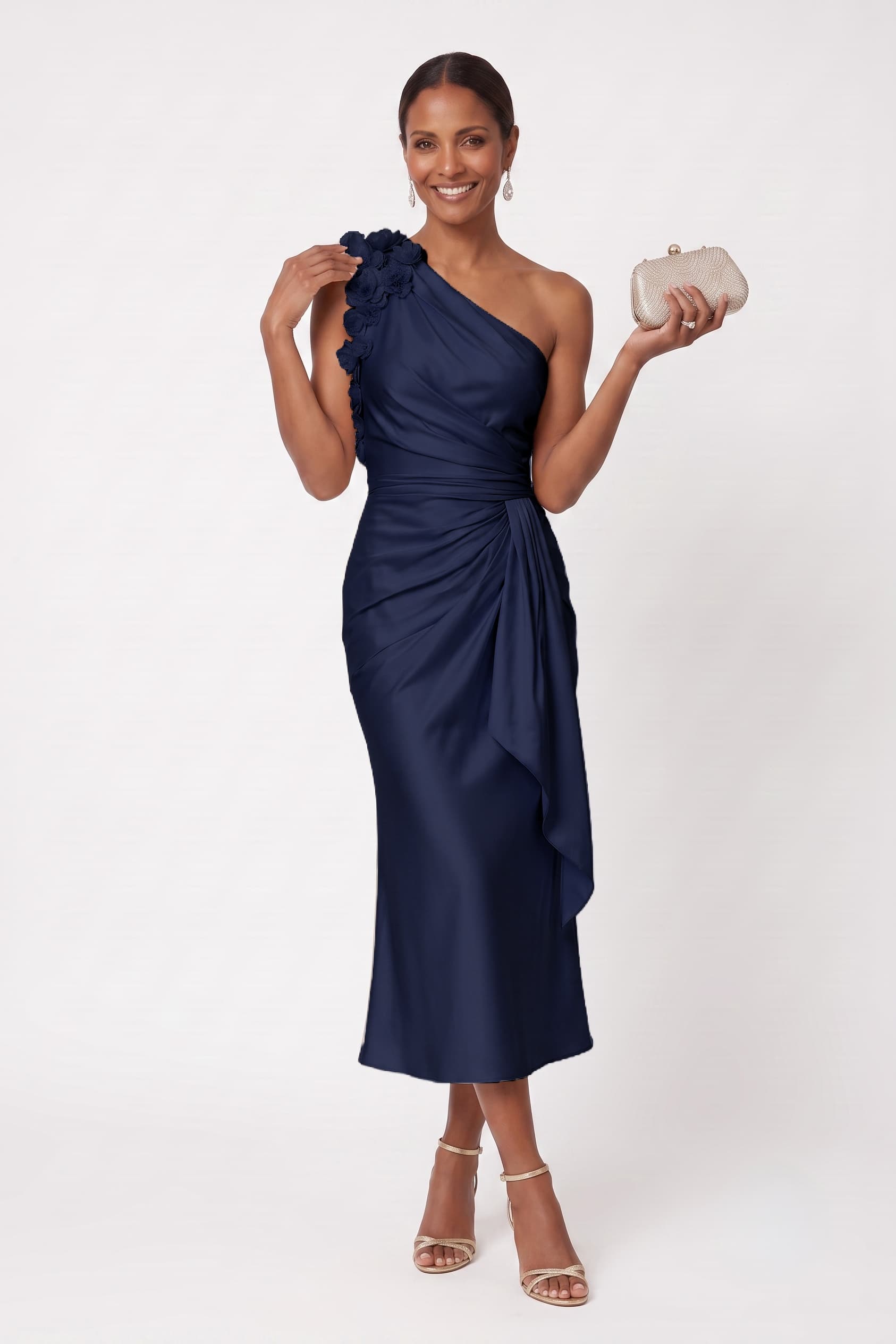 Sheath-Column Tea Length Stretch Satin Wedding Guest Dress CG0349