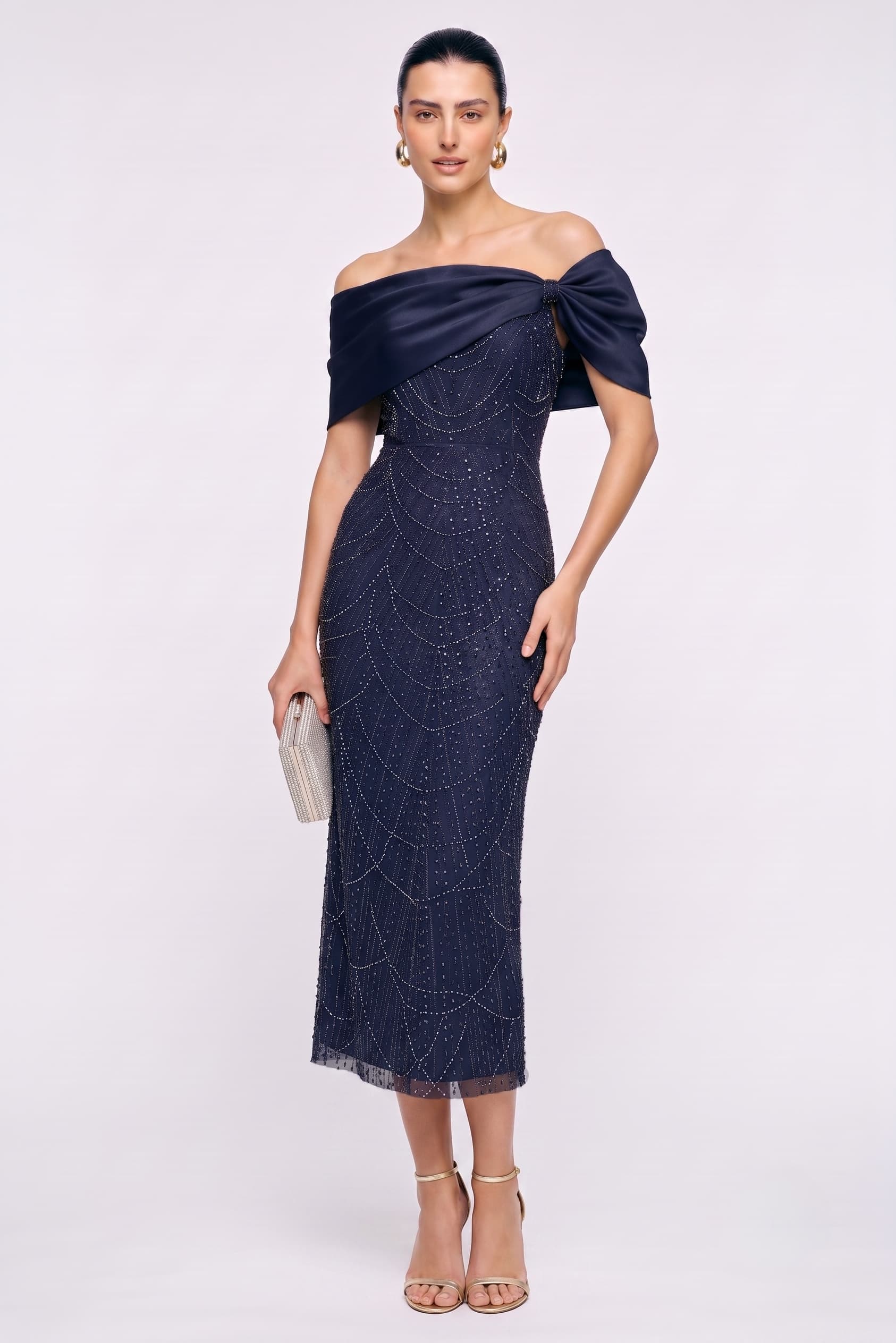 Sheath-Column Tea Length Satin Lace Wedding Guest Dress CG0354